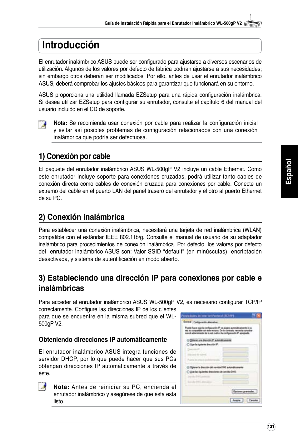 Introducción, 1) conexión por cable, 2) conexión inalámbrica | Español | Asus WL-500gP V2 User Manual | Page 124 / 151