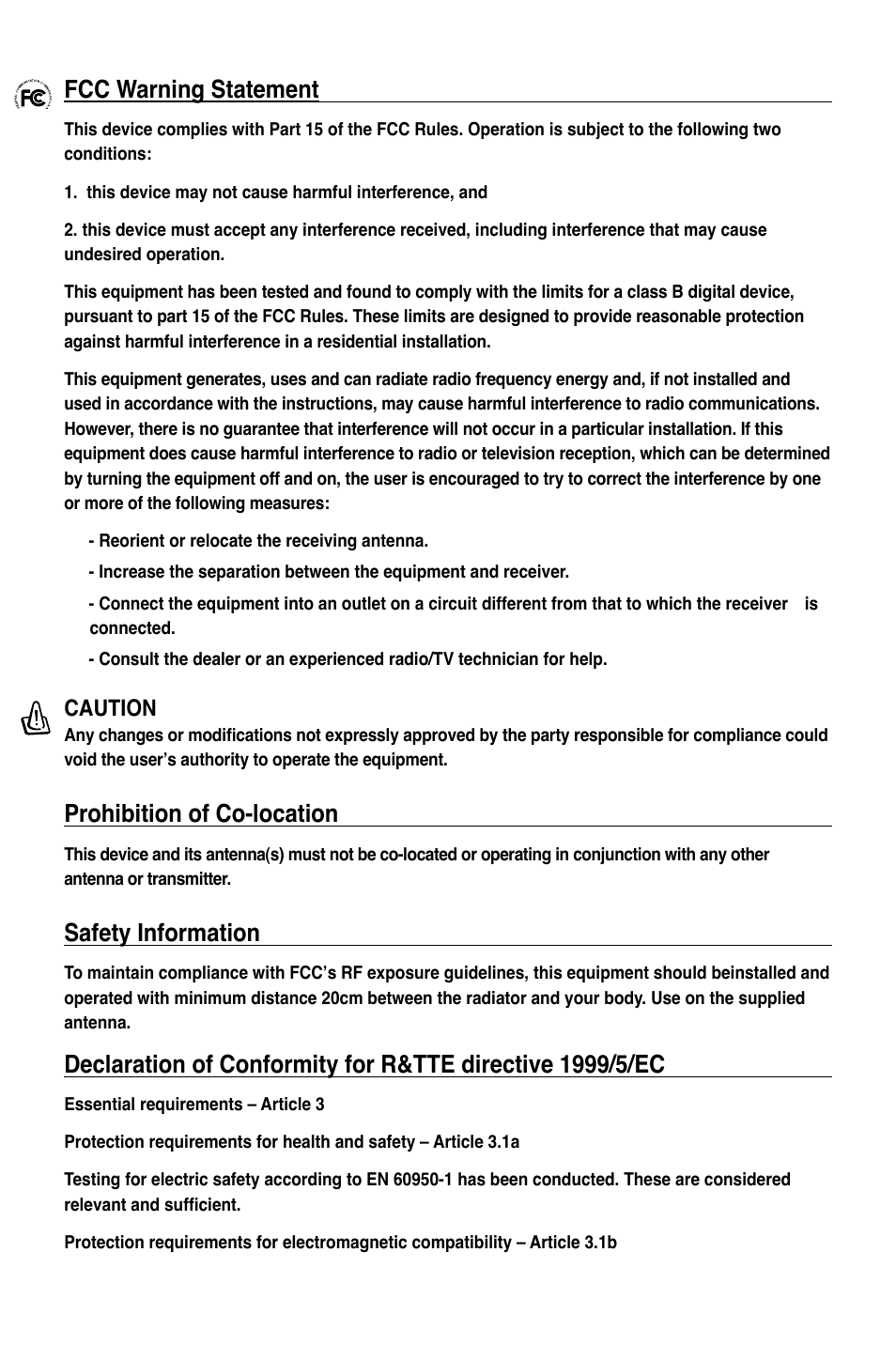 Fcc warning statement, Prohibition of co-location, Safety information | Caution | Asus WL-500gP V2 User Manual | Page 147 / 151