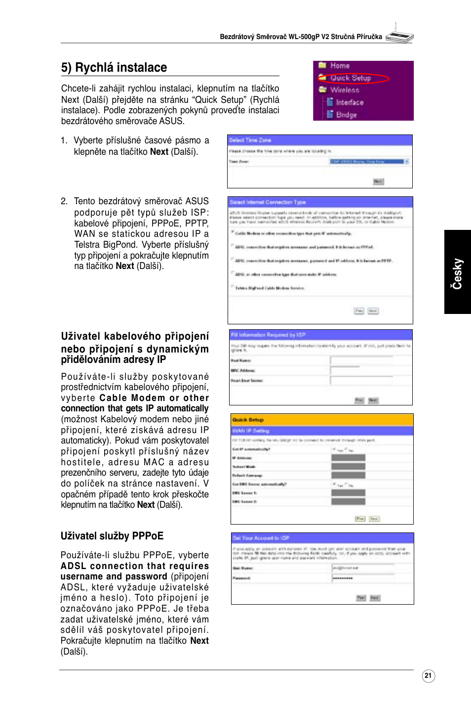 5) rychlá instalace, Česky | Asus WL-500gP V2 User Manual | Page 22 / 151