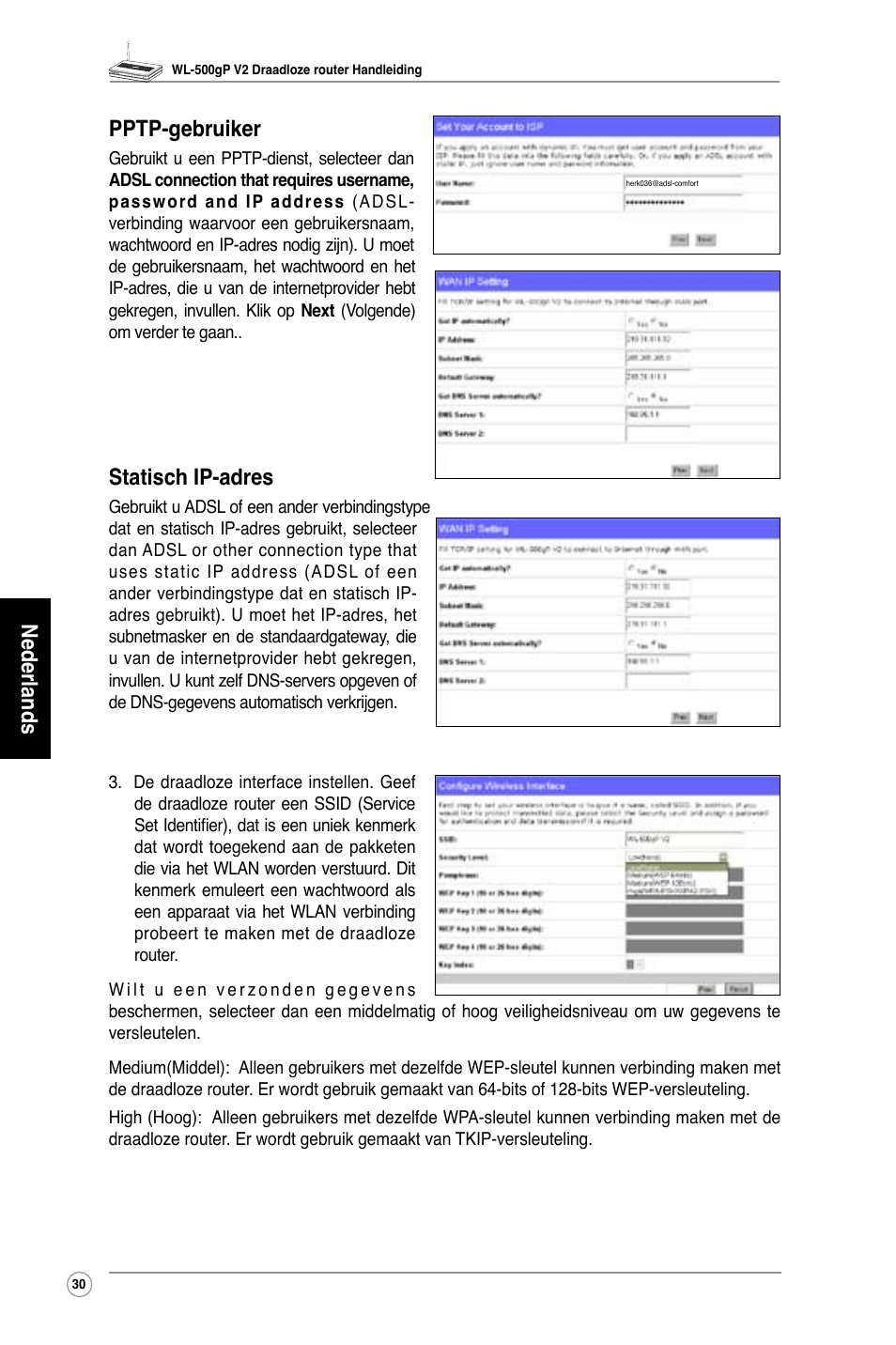 Nederlands, Pptp-gebruiker, Statisch ip-adres | Asus WL-500gP V2 User Manual | Page 31 / 151