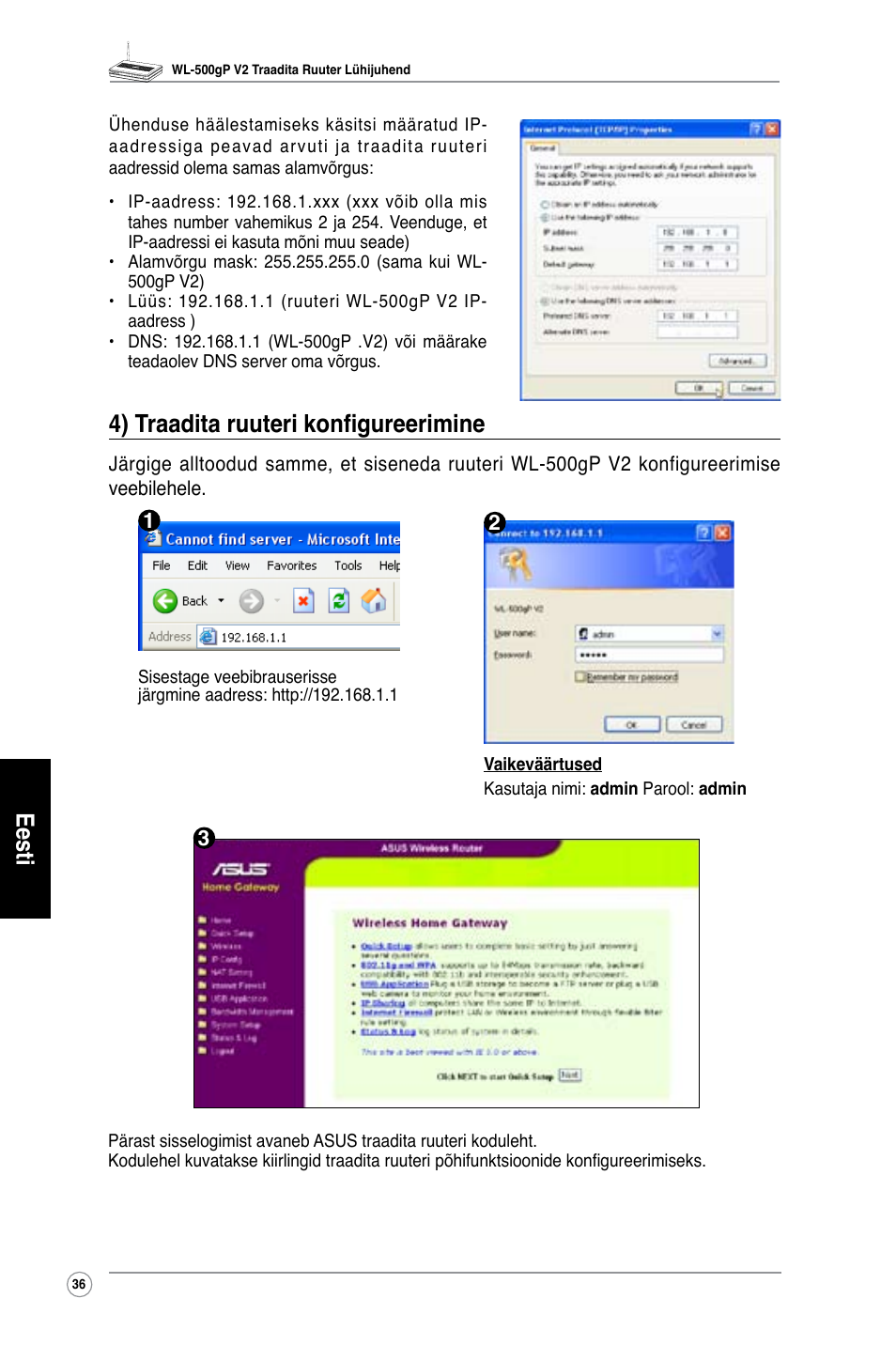 Eesti, 4) traadita ruuteri konfigureerimine | Asus WL-500gP V2 User Manual | Page 37 / 151