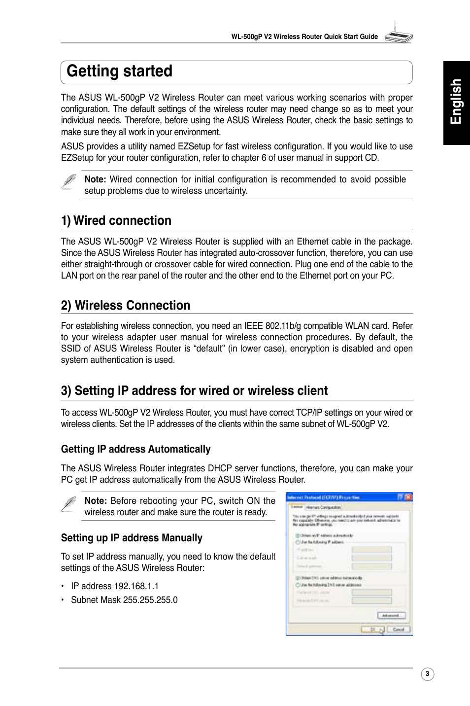 Getting started, English, 1) wired connection | 2) wireless connection, Setting ip address for wired or wireless client | Asus WL-500gP V2 User Manual | Page 4 / 151