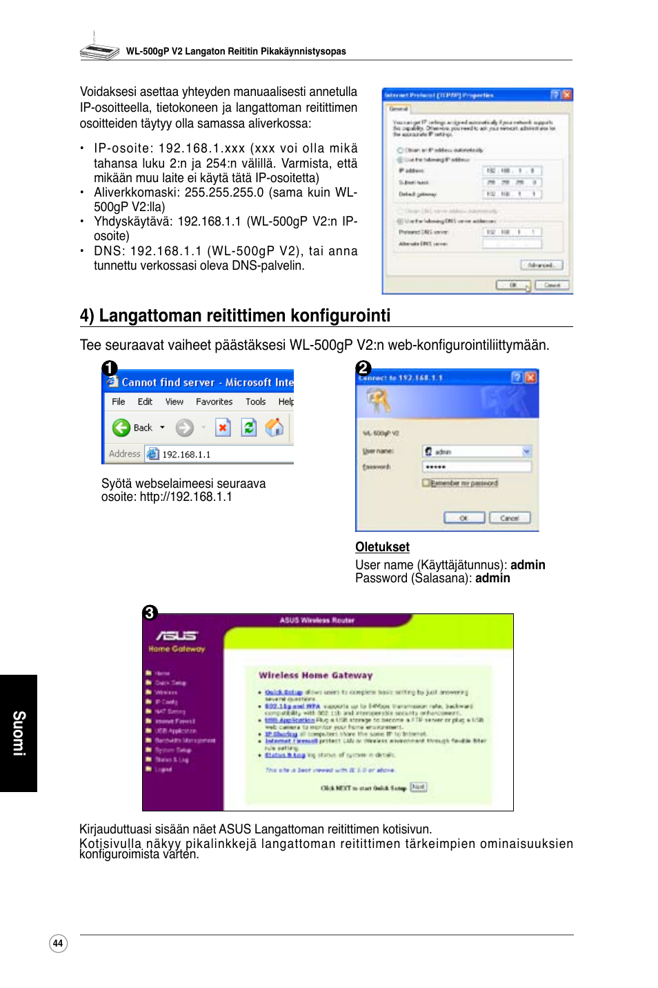 4) langattoman reitittimen konfigurointi, Suomi | Asus WL-500gP V2 User Manual | Page 45 / 151
