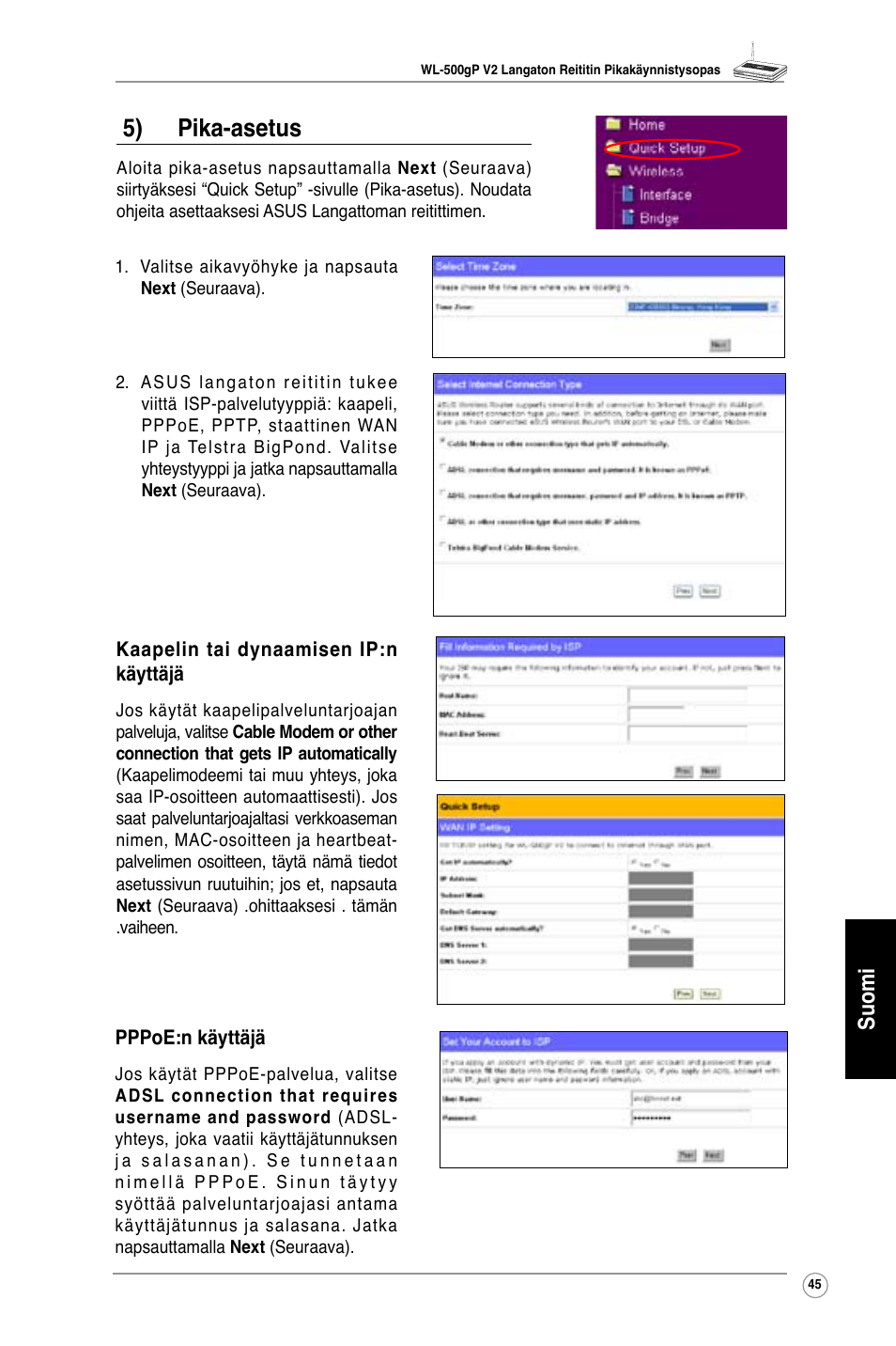 5) pika-asetus, Suomi | Asus WL-500gP V2 User Manual | Page 46 / 151