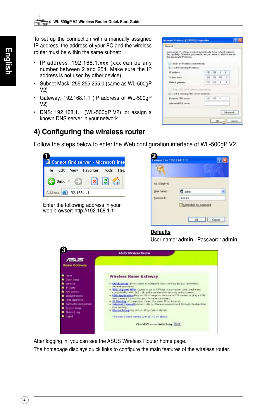 English, 4) configuring the wireless router | Asus WL-500gP V2 User Manual | Page 5 / 151