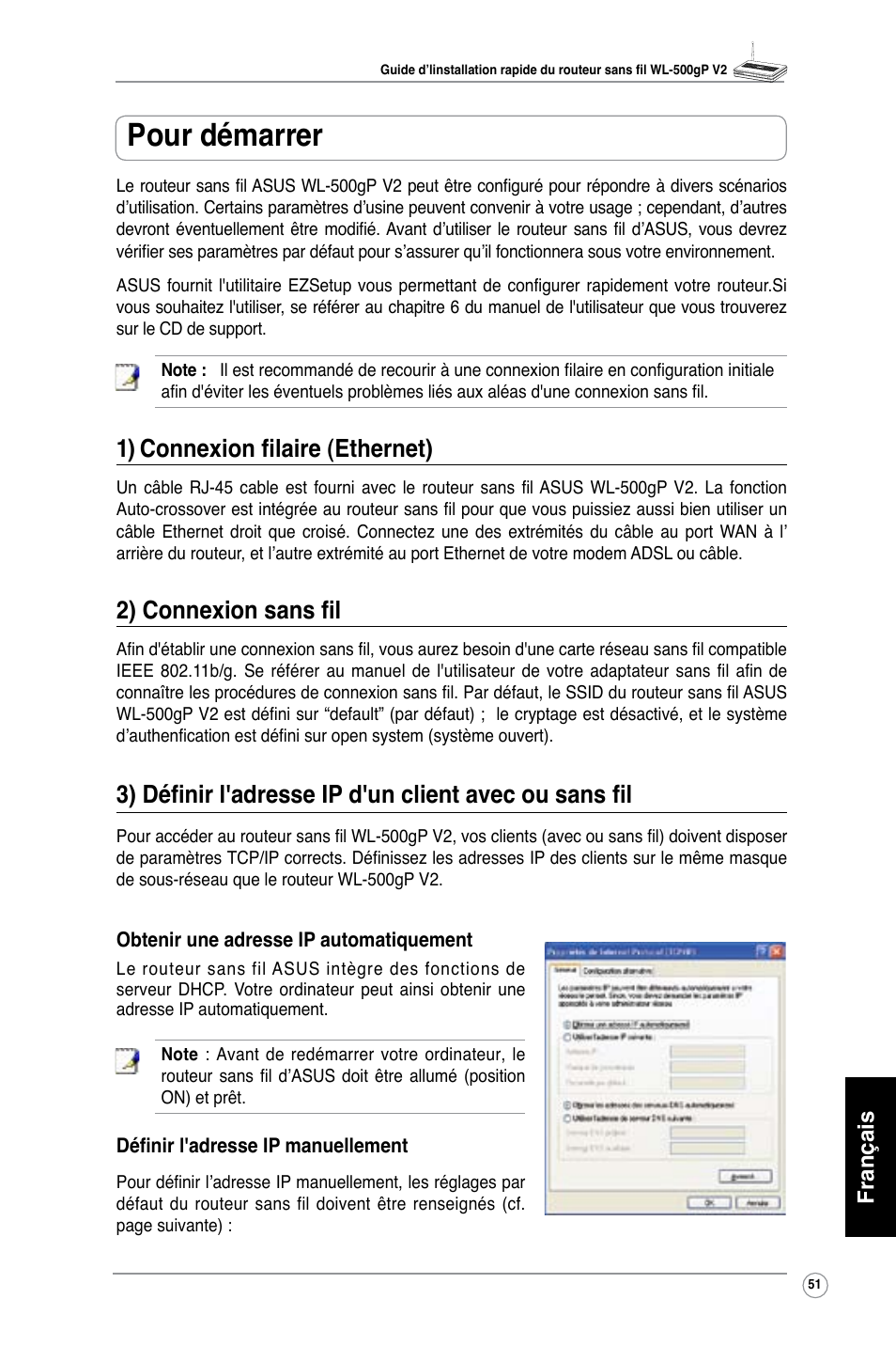 Pour démarrer, 1) connexion filaire (ethernet), 2) connexion sans fil | Français | Asus WL-500gP V2 User Manual | Page 52 / 151