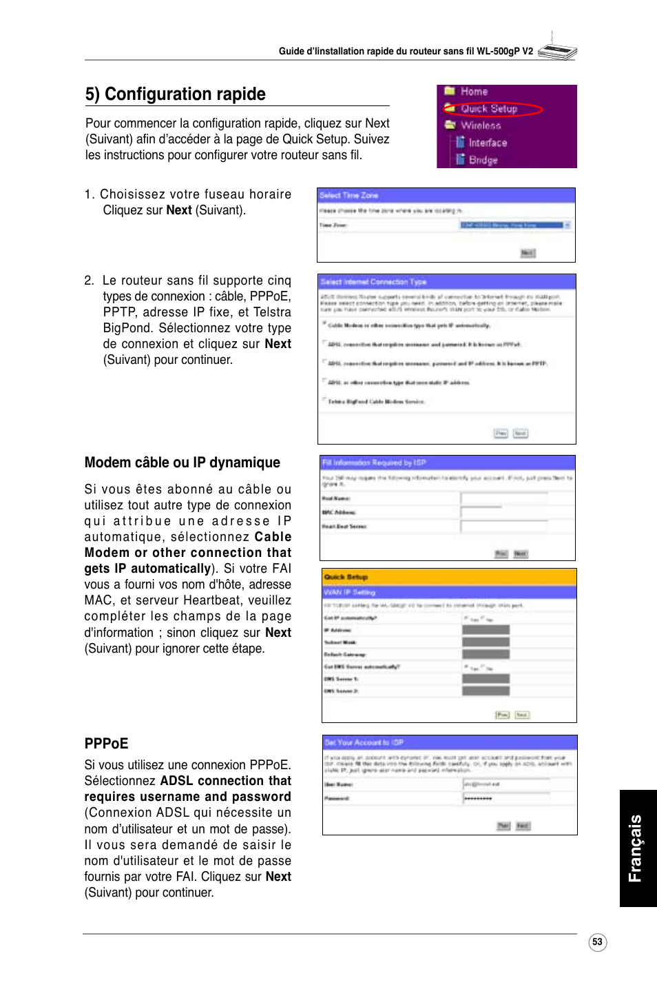 5) configuration rapide, Français | Asus WL-500gP V2 User Manual | Page 54 / 151