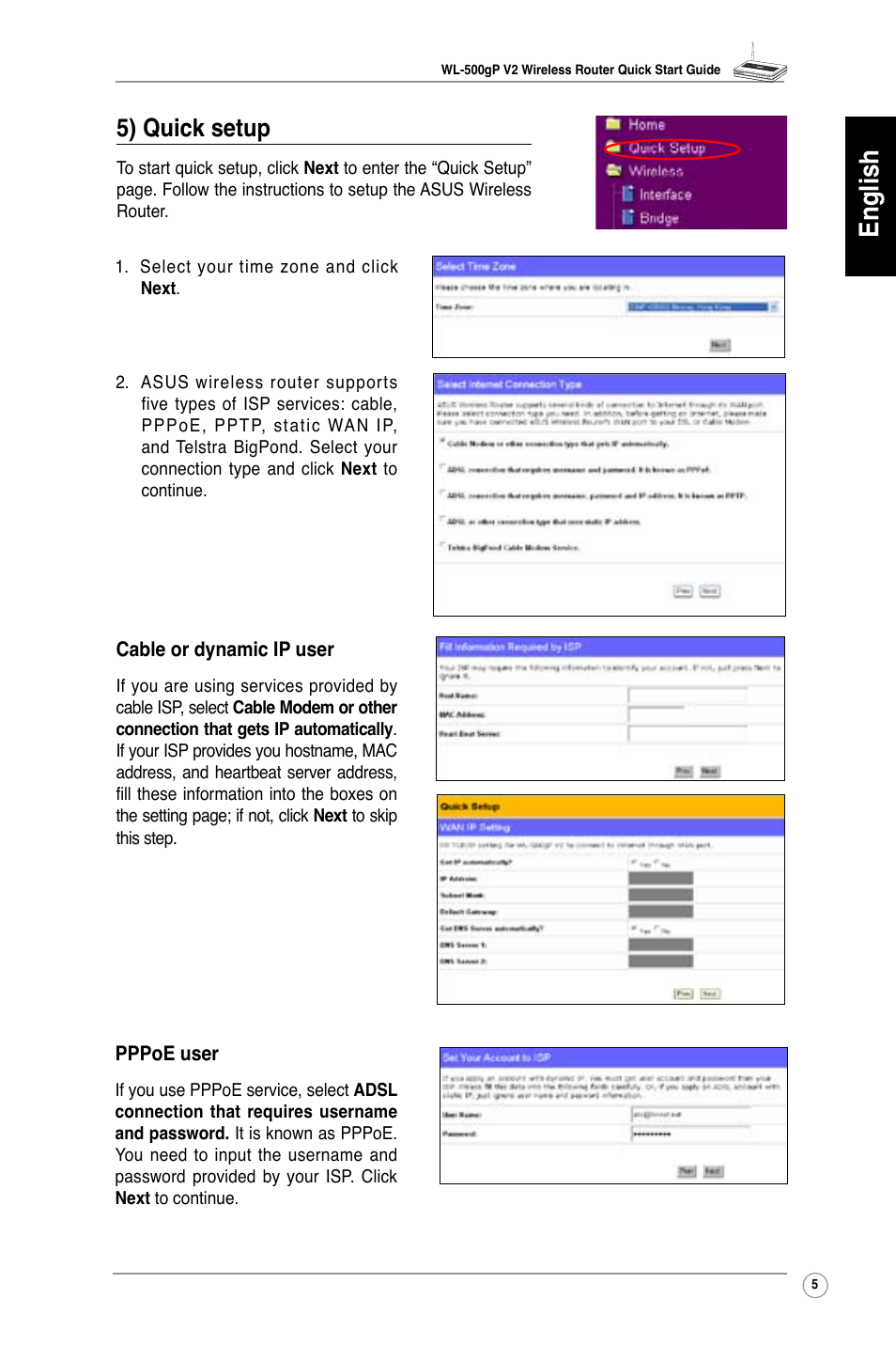 English, 5) quick setup | Asus WL-500gP V2 User Manual | Page 6 / 151