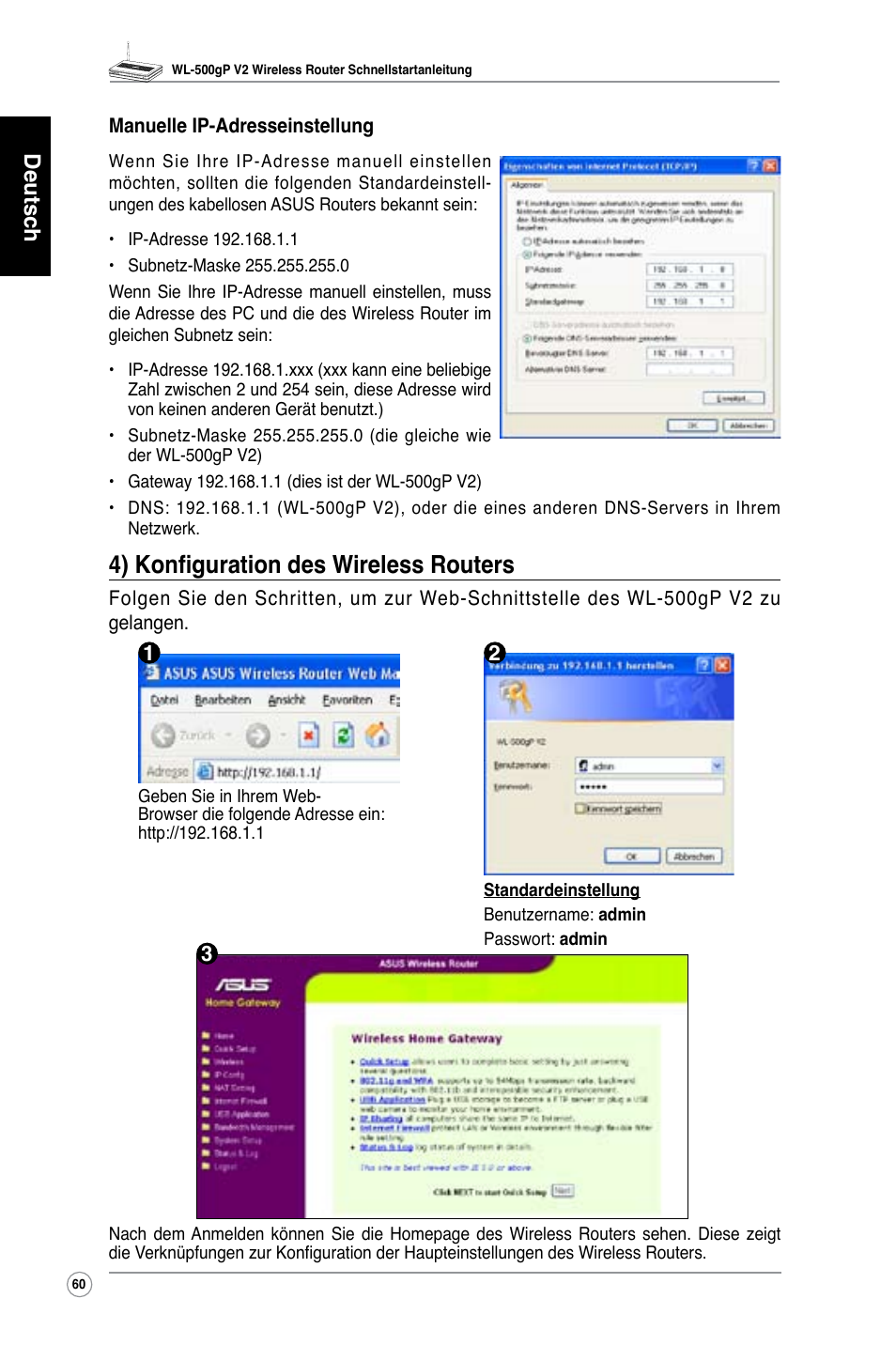 4) konfiguration des wireless routers, Deutsch | Asus WL-500gP V2 User Manual | Page 61 / 151