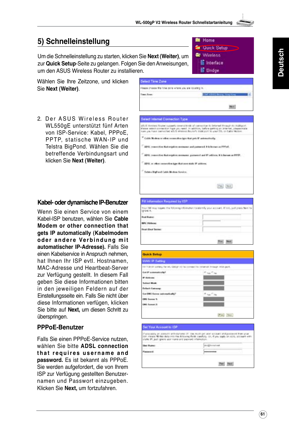 5) schnelleinstellung, Deutsch | Asus WL-500gP V2 User Manual | Page 62 / 151