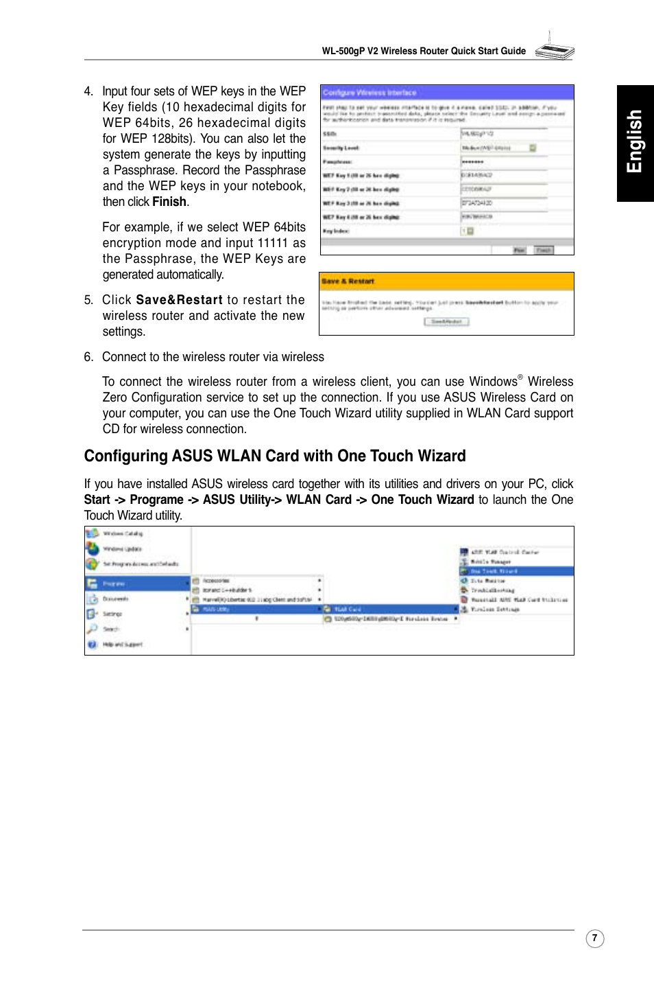 English, Configuring asus wlan card with one touch wizard | Asus WL-500gP V2 User Manual | Page 8 / 151