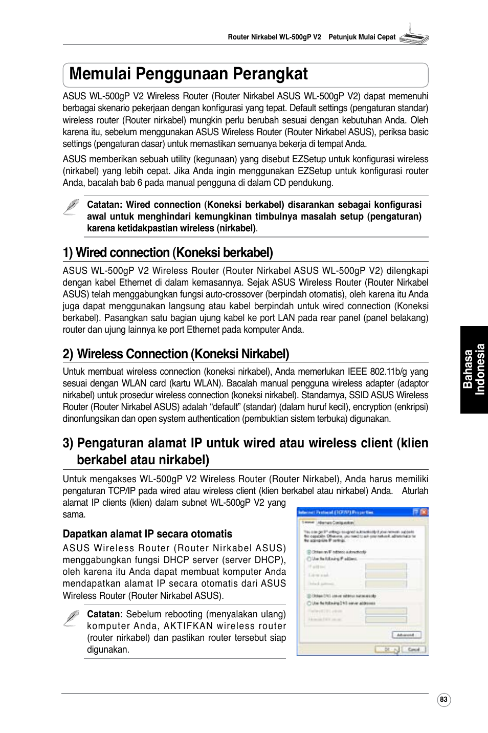 Memulai penggunaan perangkat, 1) wired connection (koneksi berkabel), 2) wireless connection (koneksi nirkabel) | Bahasa indonesia | Asus WL-500gP V2 User Manual | Page 84 / 151