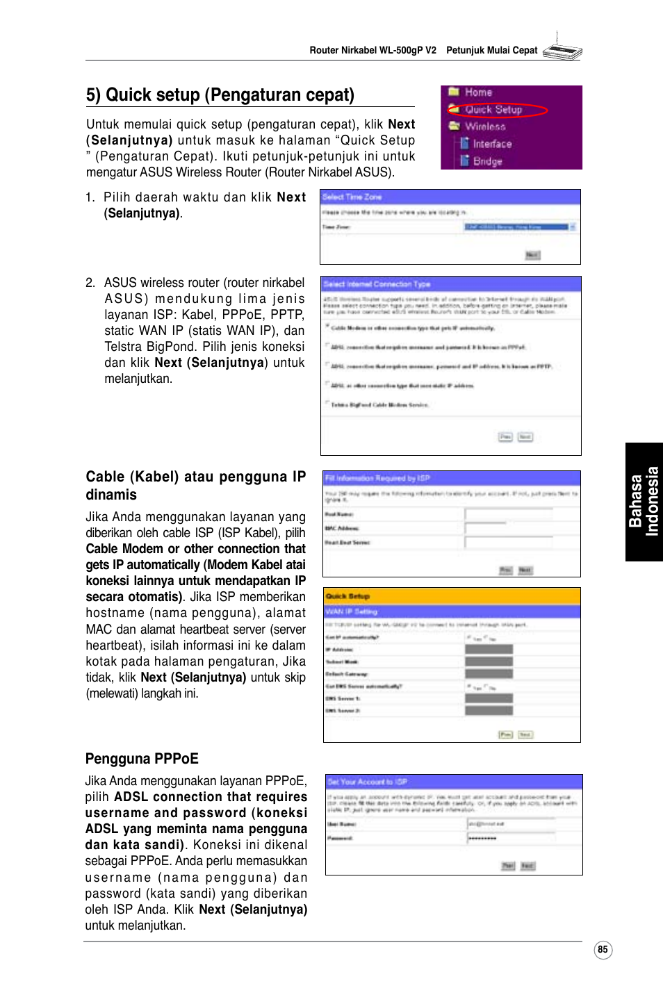 5) quick setup (pengaturan cepat), Bahasa indonesia | Asus WL-500gP V2 User Manual | Page 86 / 151