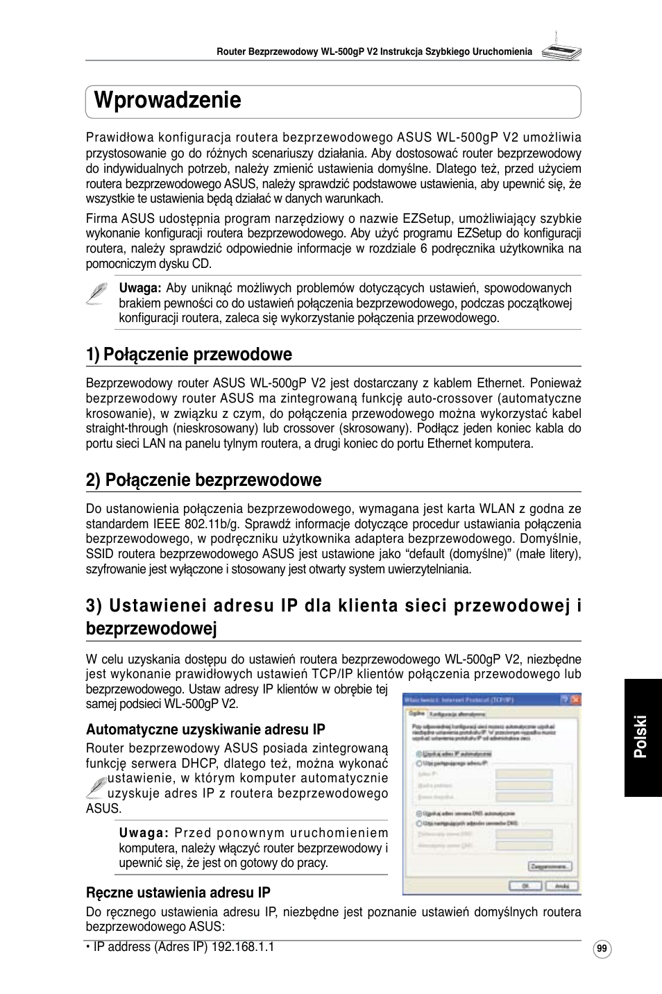 Wprowadzenie, 1) połączenie przewodowe, 2) połączenie bezprzewodowe | Polski | Asus WL-500gP V2 User Manual | Page 92 / 151