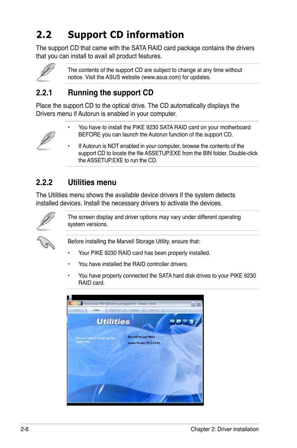 2 support cd information, 1 running the support cd, 2 utilities menu | Asus PIKE 9230 User Manual | Page 18 / 32