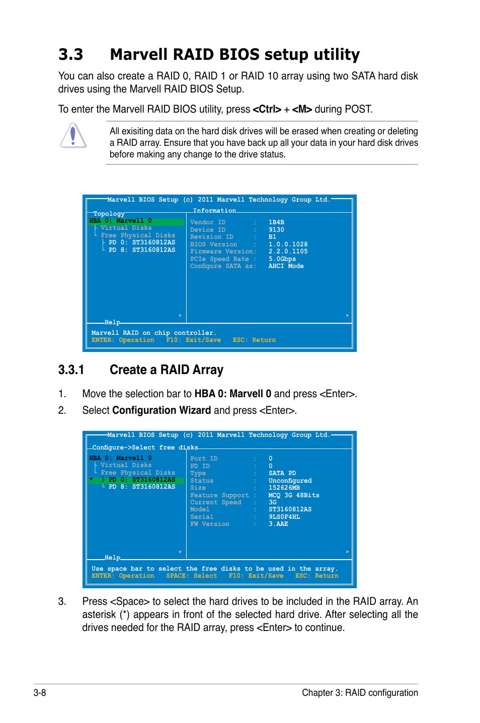 3 marvell raid bios setup utility, 1 create a raid array | Asus PIKE 9230 User Manual | Page 28 / 32