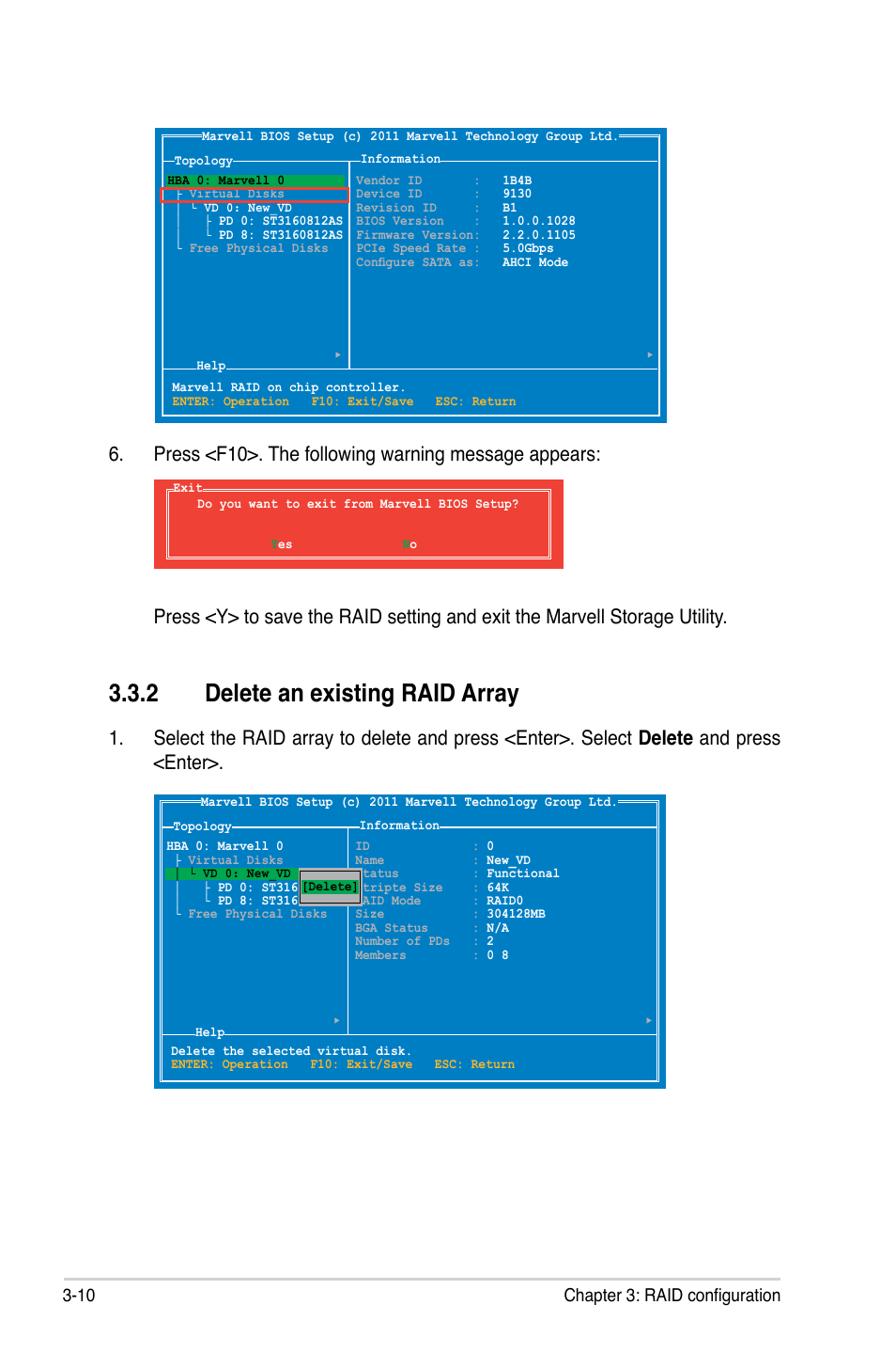 2 delete an existing raid array, 10 chapter 3: raid configuration | Asus PIKE 9230 User Manual | Page 30 / 32