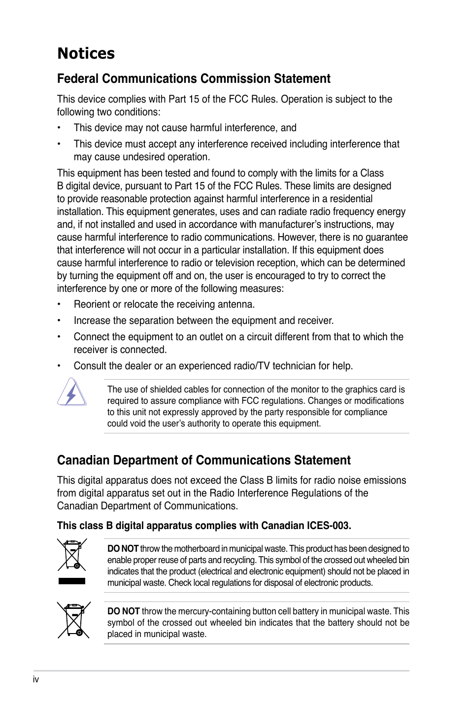 Notices, Federal communications commission statement, Canadian department of communications statement | Asus PIKE 9230 User Manual | Page 4 / 32