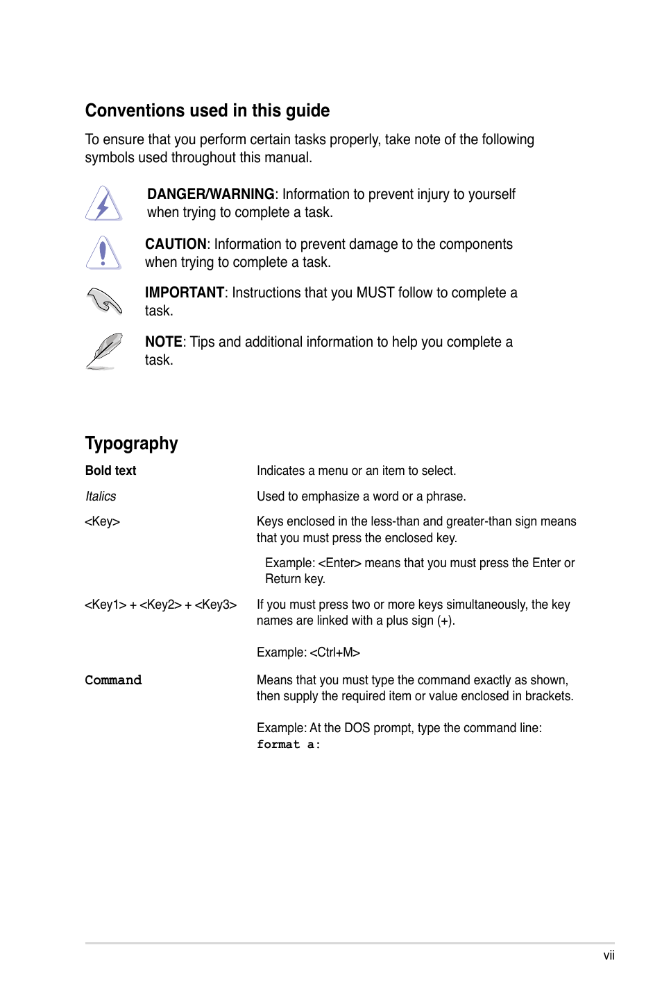 Typography, Conventions used in this guide | Asus PIKE 9230 User Manual | Page 7 / 32