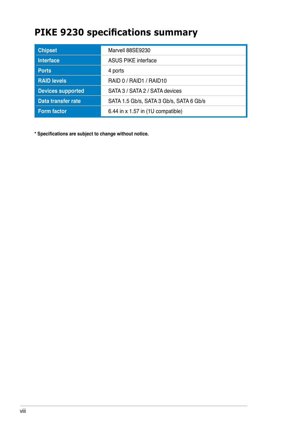 Pike 9230 specifications summary | Asus PIKE 9230 User Manual | Page 8 / 32