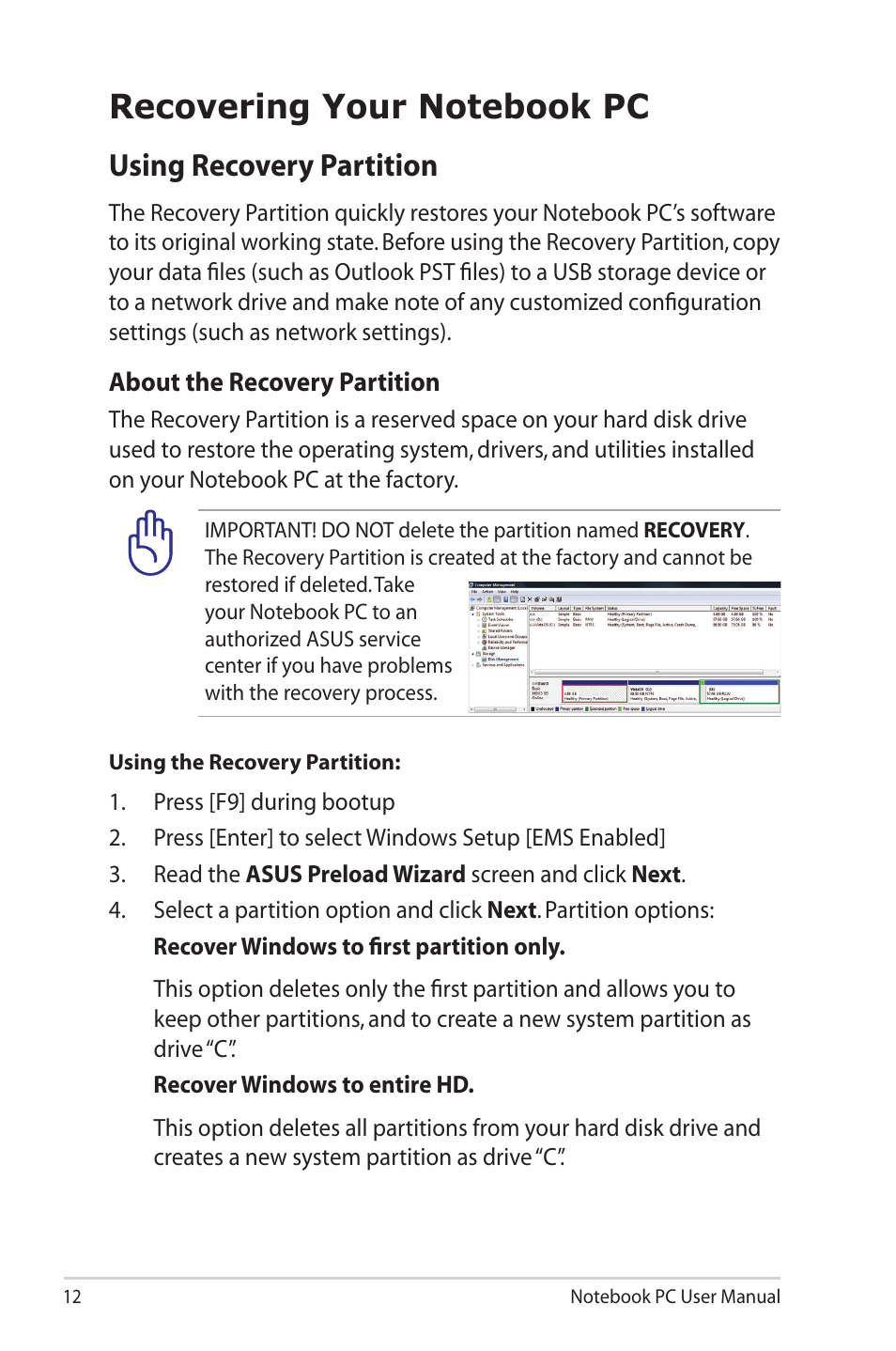 Using recovery partition | Asus Pro79AE User Manual | Page 12 / 26