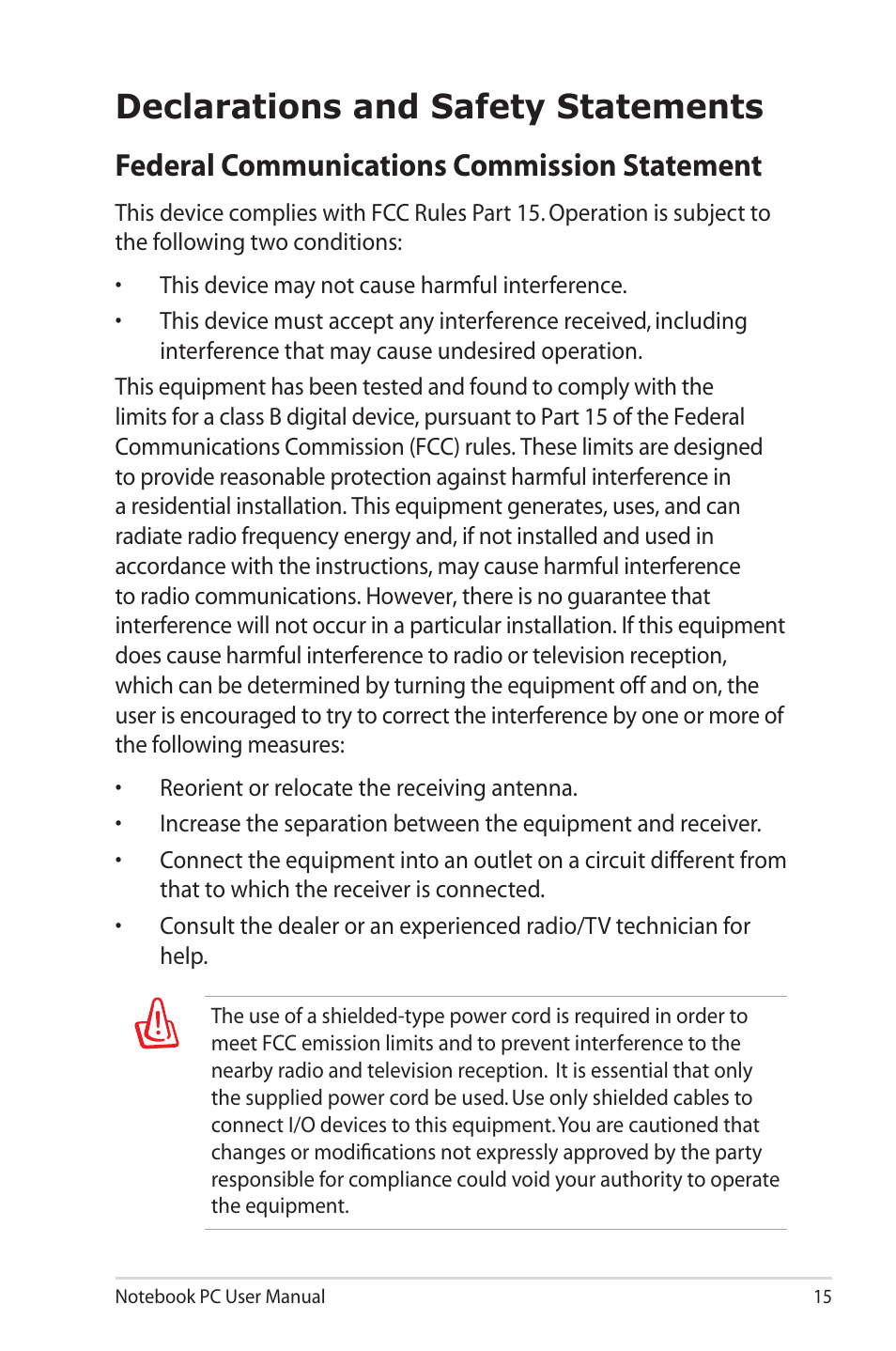 Declarations and safety statements, Federal communications commission statement | Asus Pro79AE User Manual | Page 15 / 26