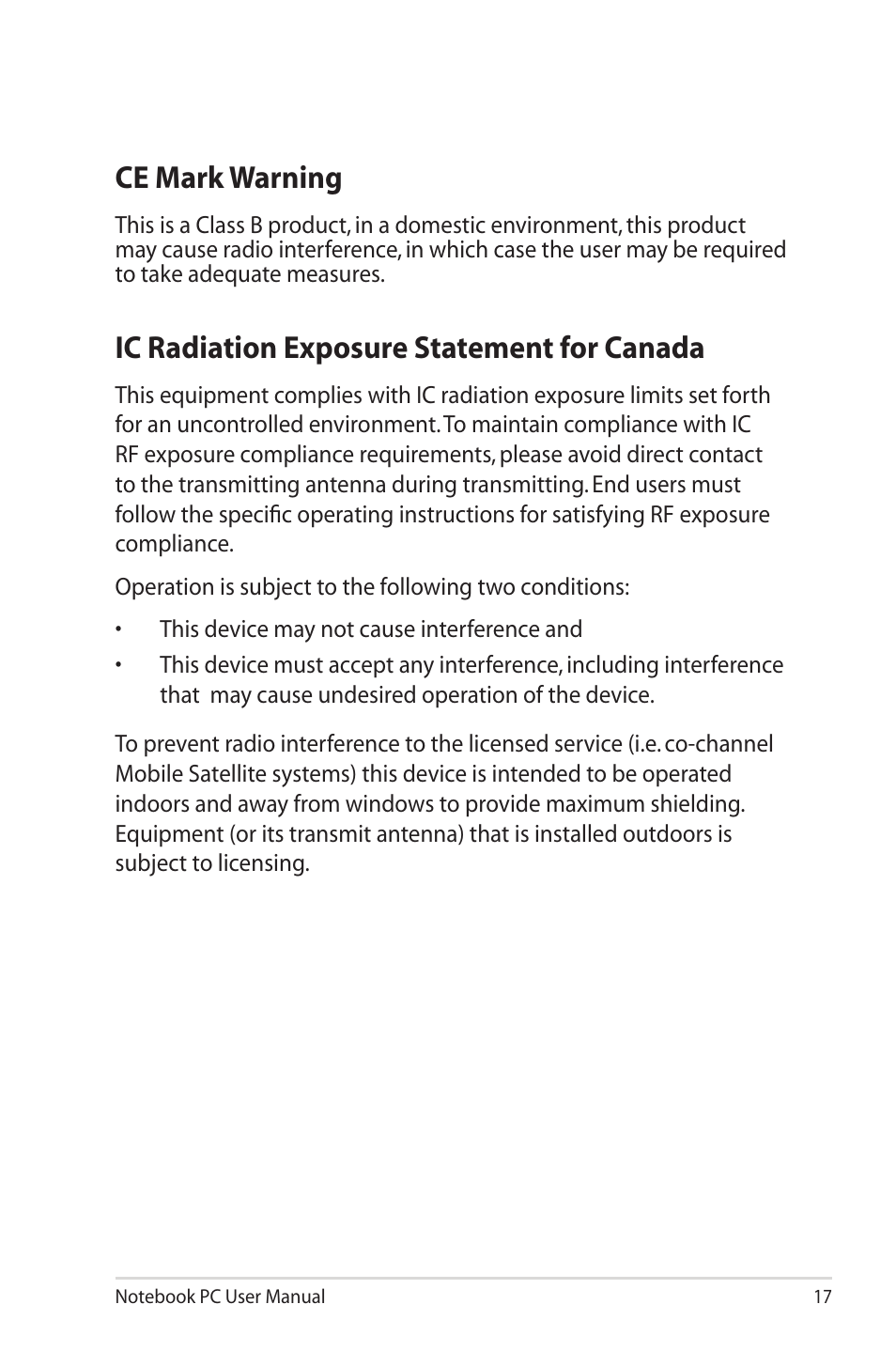 Ce mark warning, Ic radiation exposure statement for canada | Asus Pro79AE User Manual | Page 17 / 26