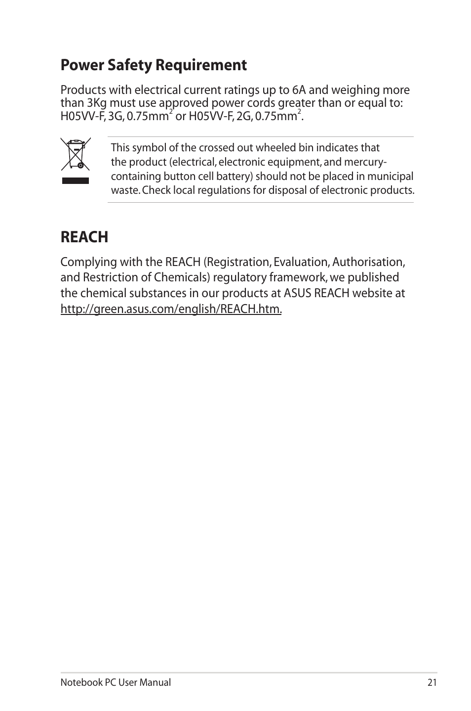 Power safety requirement, Reach | Asus Pro79AE User Manual | Page 21 / 26