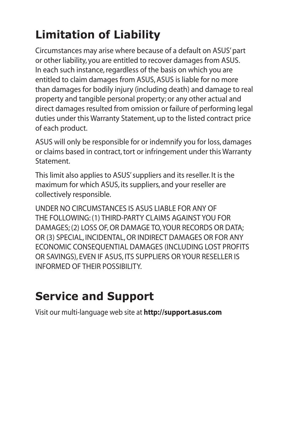 Limitation of liability, Service and support | Asus Pro79AE User Manual | Page 26 / 26