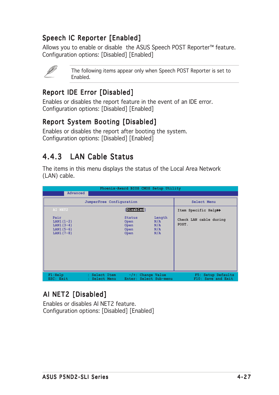 Speech ic reporter [enabled, Ai net2 [disabled, Report ide error [disabled | Report system booting [disabled | Asus P5ND2-SLI User Manual | Page 103 / 184