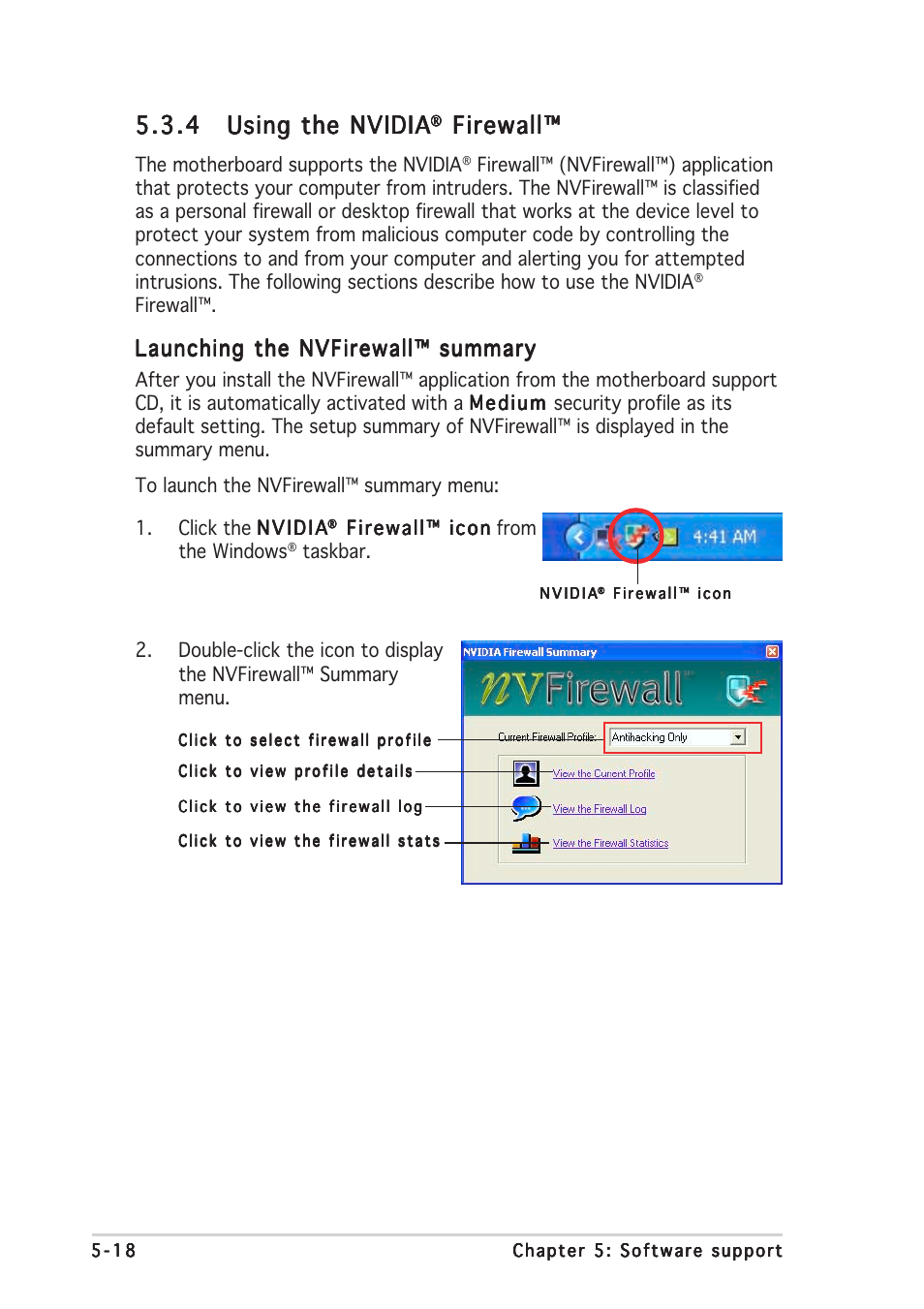 Firewall, Launching the nvfirewall™ summary | Asus P5ND2-SLI User Manual | Page 146 / 184