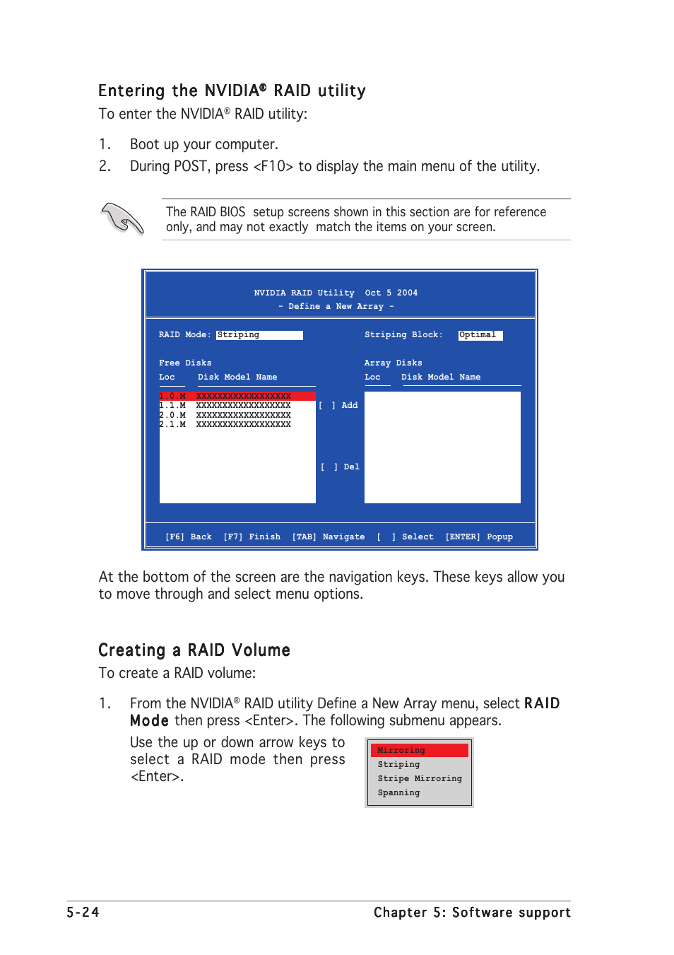 Entering the nvidia, Raid utility, Creating a raid volume | Asus P5ND2-SLI User Manual | Page 152 / 184