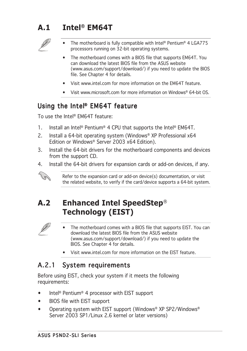 A.1 intel, Em64t, A.2 enhanced intel speedstep | Technology (eist), Using the intel, Em64t feature, A.2.1 | Asus P5ND2-SLI User Manual | Page 181 / 184