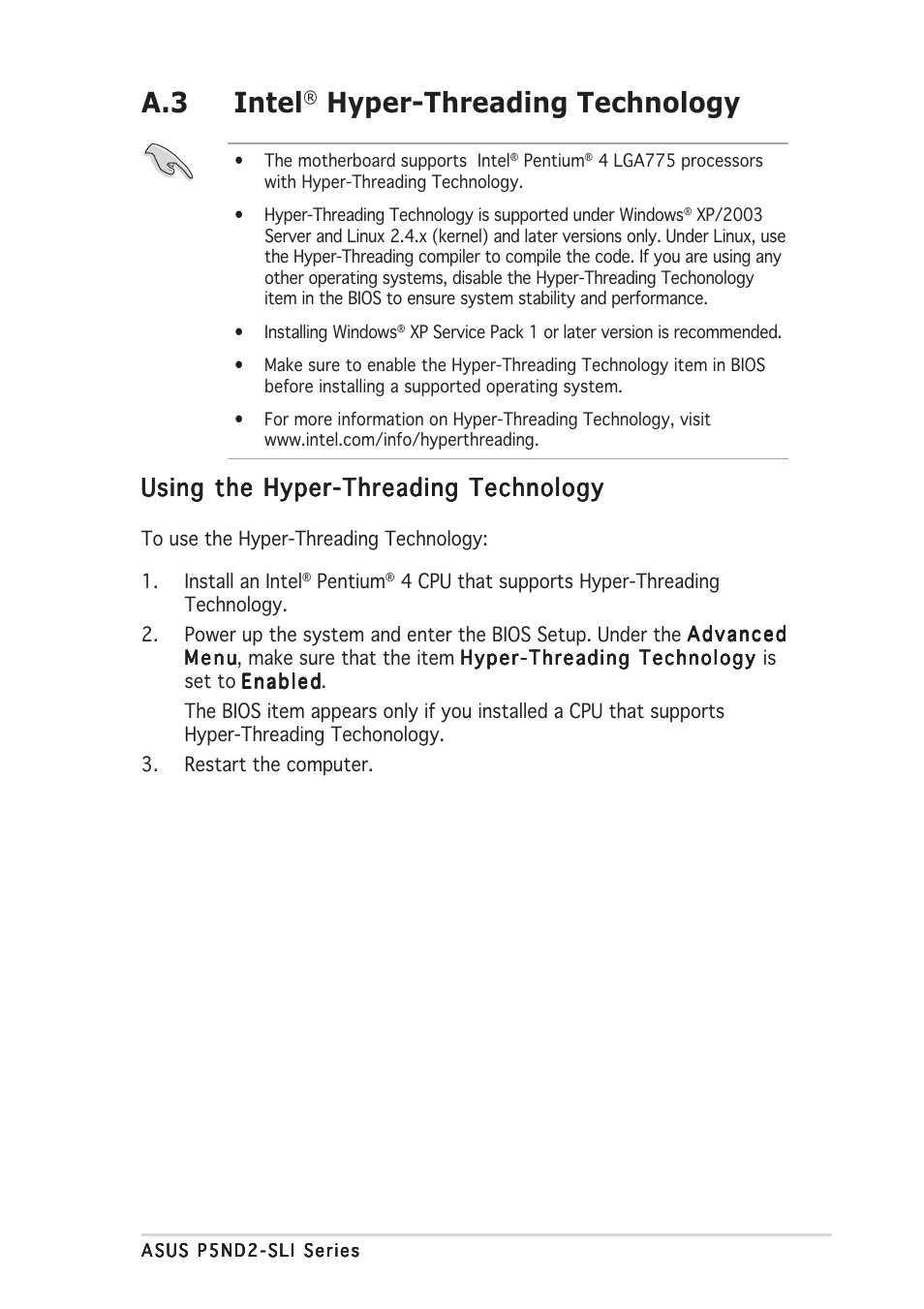 A.3 intel, Hyper-threading technology, Using the hyper-threading technology | Asus P5ND2-SLI User Manual | Page 183 / 184