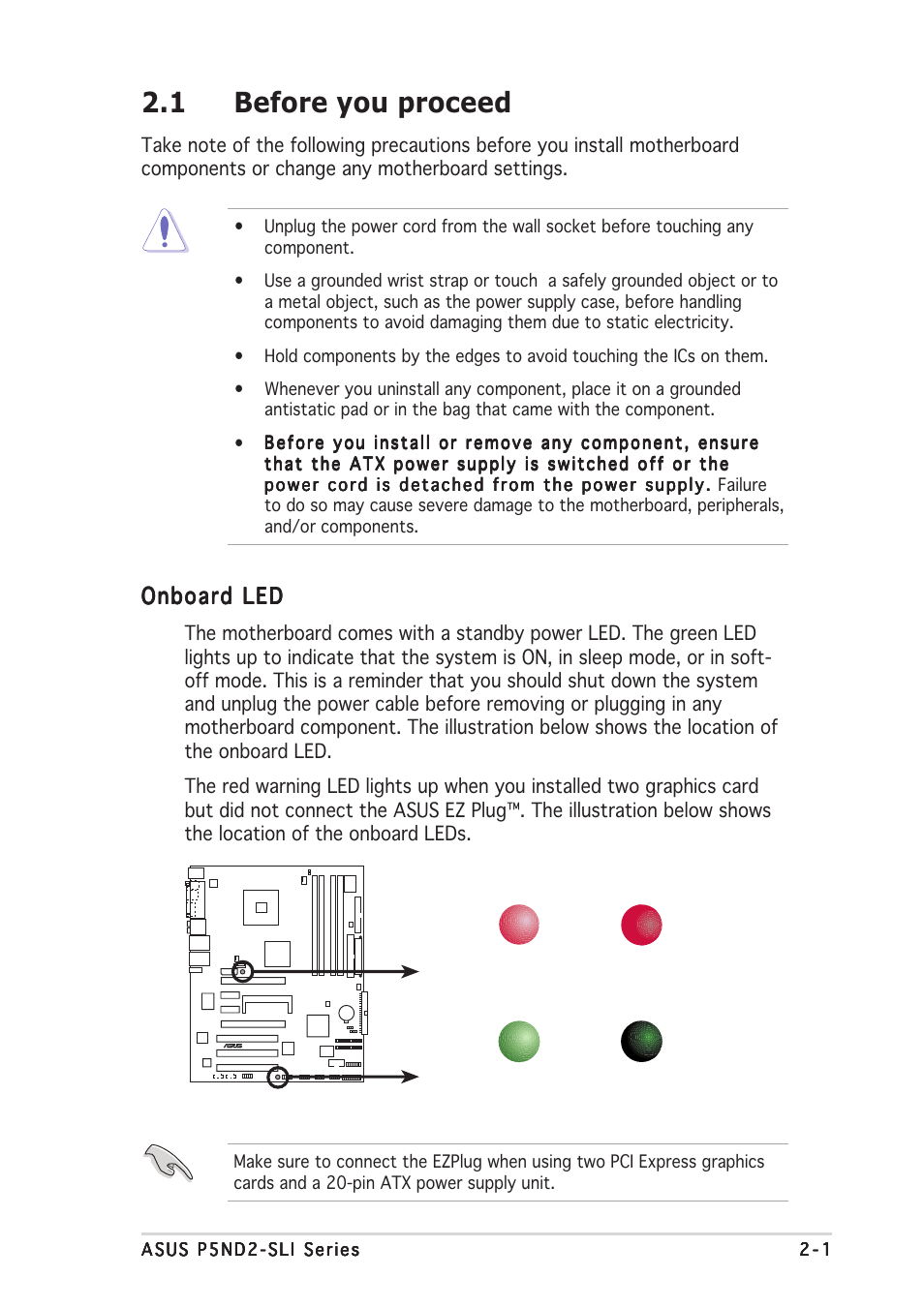 1 before you proceed, Onboard led | Asus P5ND2-SLI User Manual | Page 27 / 184