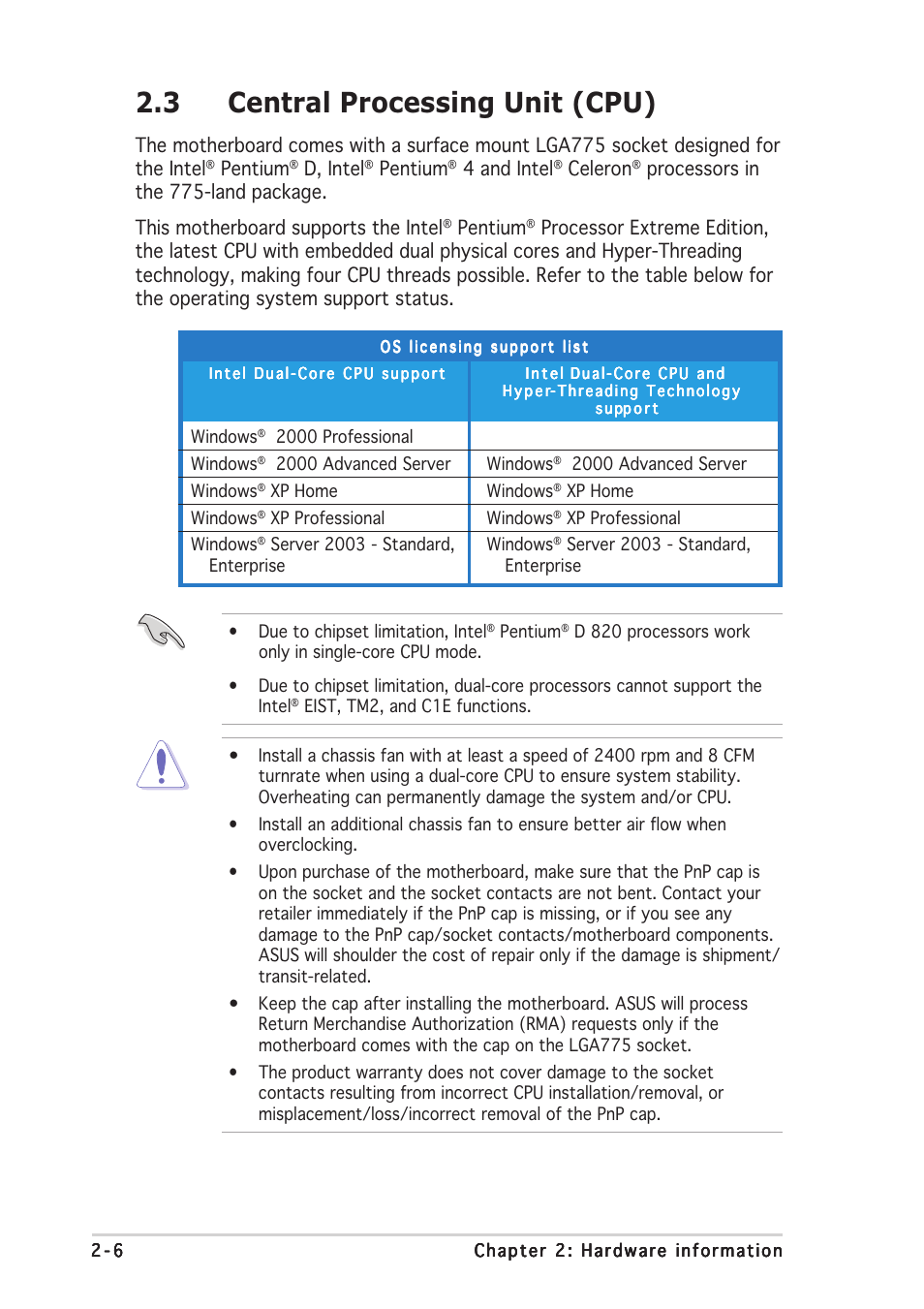 3 central processing unit (cpu), Pentium, D, intel | 4 and intel, Celeron | Asus P5ND2-SLI User Manual | Page 32 / 184