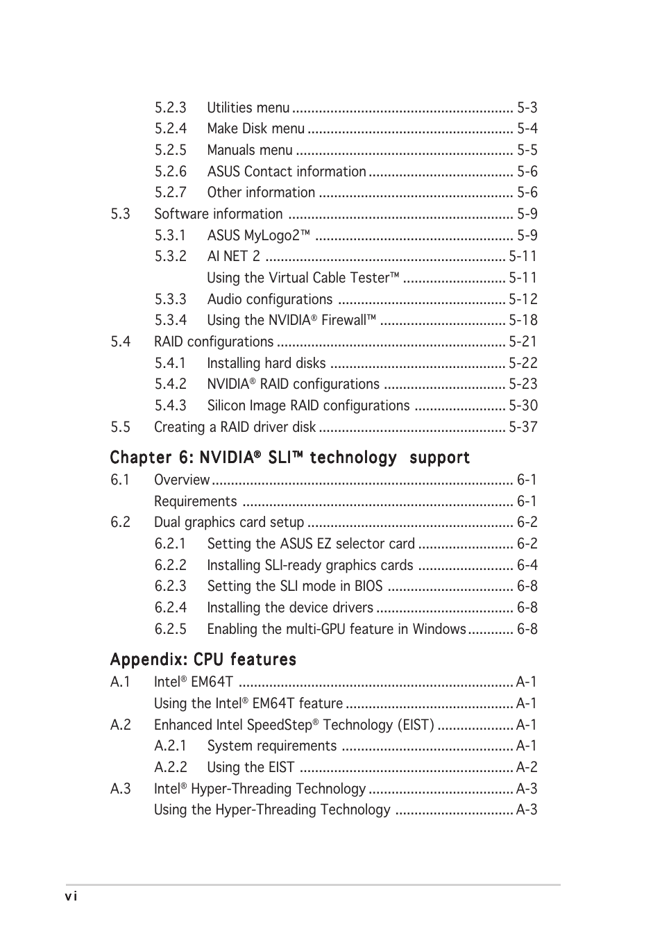 Asus P5ND2-SLI User Manual | Page 6 / 184