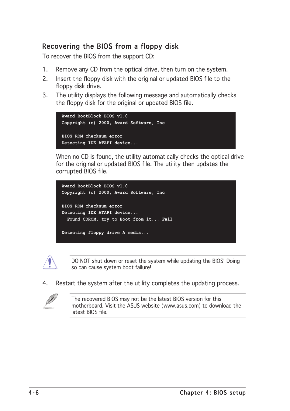 Recovering the bios from a floppy disk | Asus P5ND2-SLI User Manual | Page 82 / 184