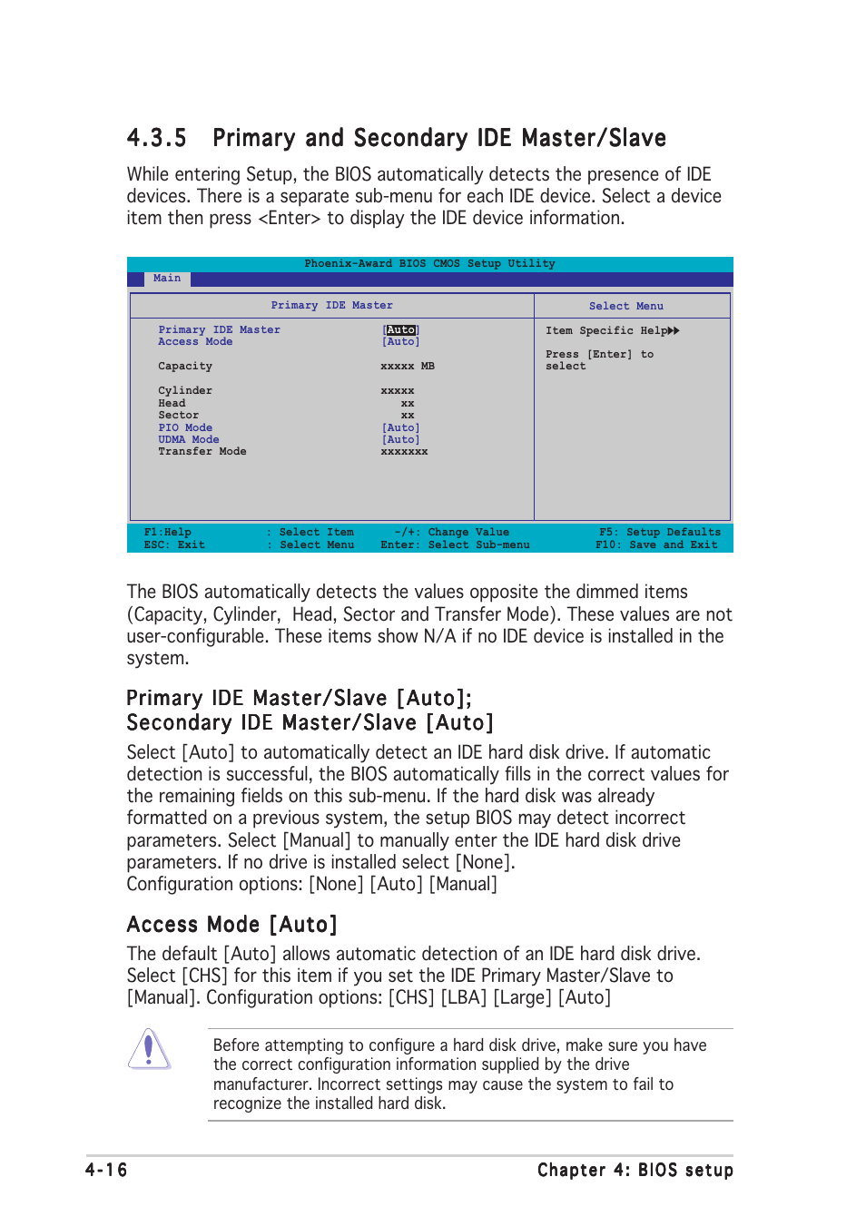 Primary ide master/slave [auto, Access mode [auto | Asus P5ND2-SLI User Manual | Page 92 / 184