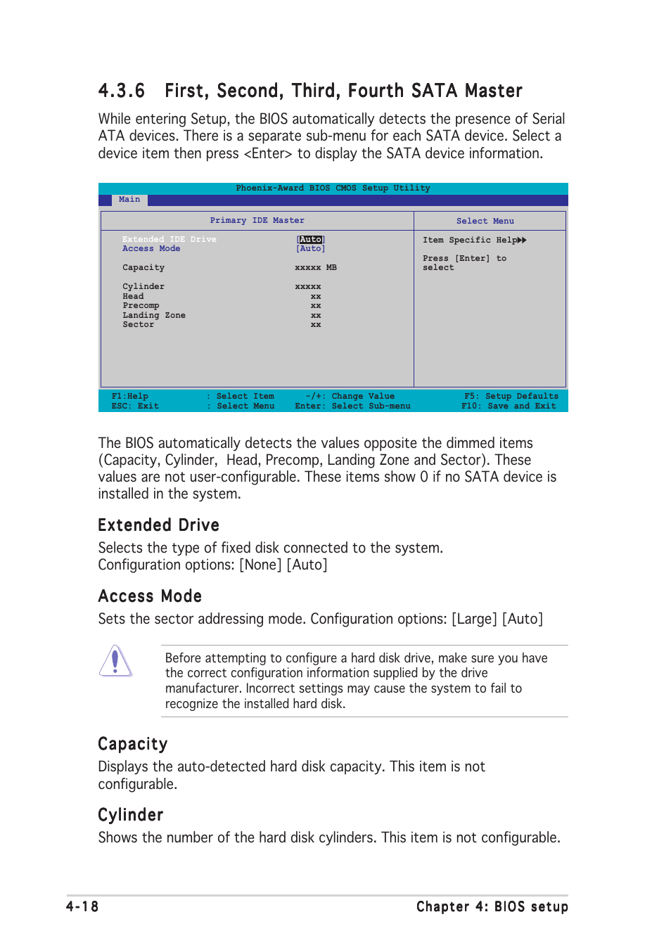 Extended drive, Access mode, Capacity | Cylinder | Asus P5ND2-SLI User Manual | Page 94 / 184