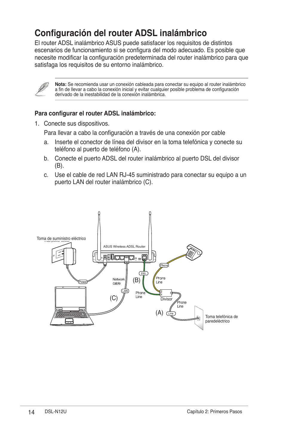 Configuración del router adsl inalámbrico, A) (b) (c) | Asus DSL-N12U User Manual | Page 14 / 61