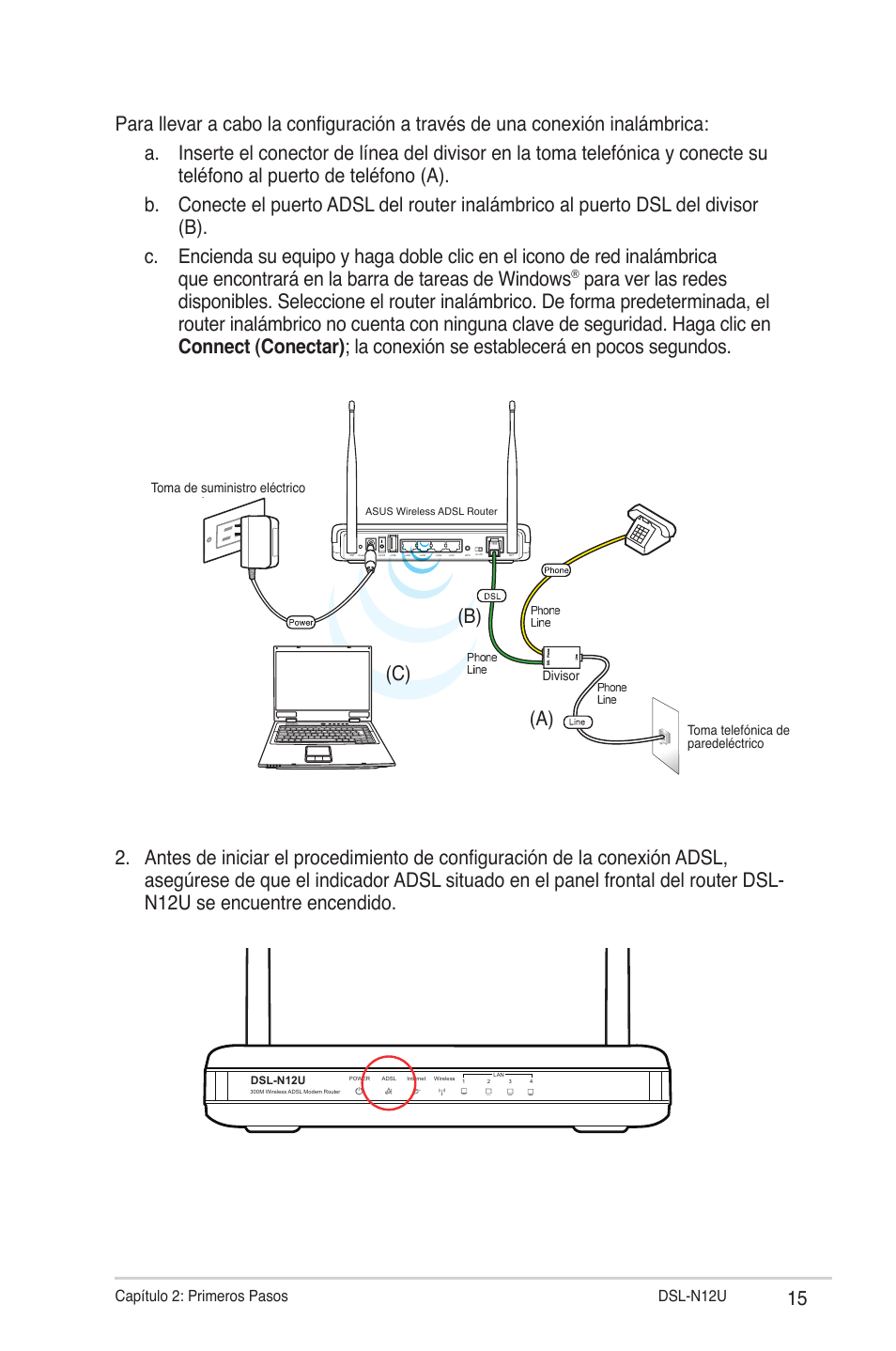 A) (b) (c), Capítulo : primeros pasos dsl-n1u | Asus DSL-N12U User Manual | Page 15 / 61