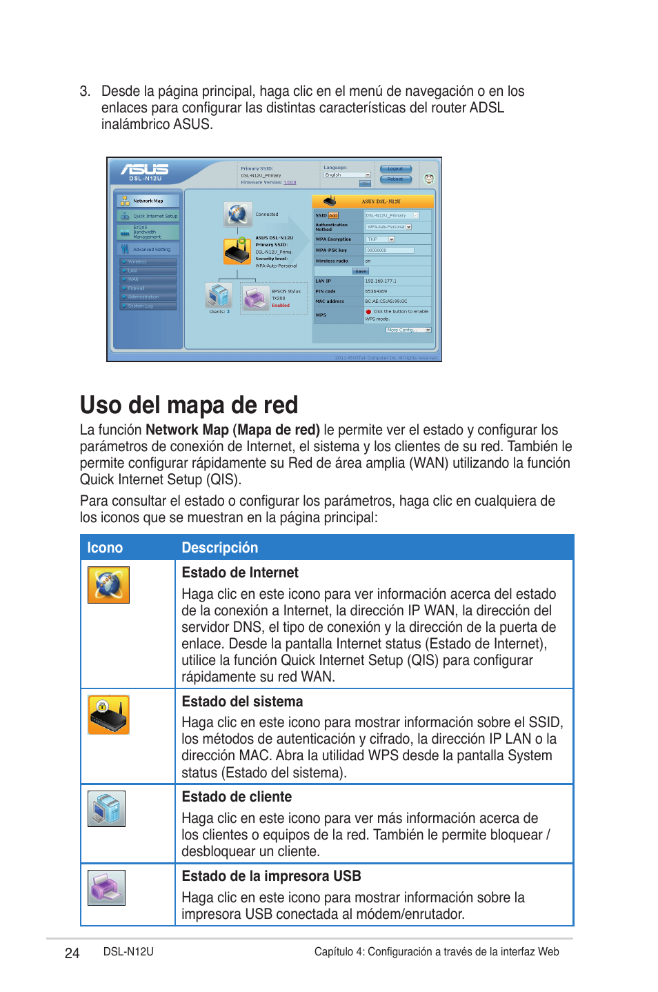 Uso del mapa de red | Asus DSL-N12U User Manual | Page 24 / 61