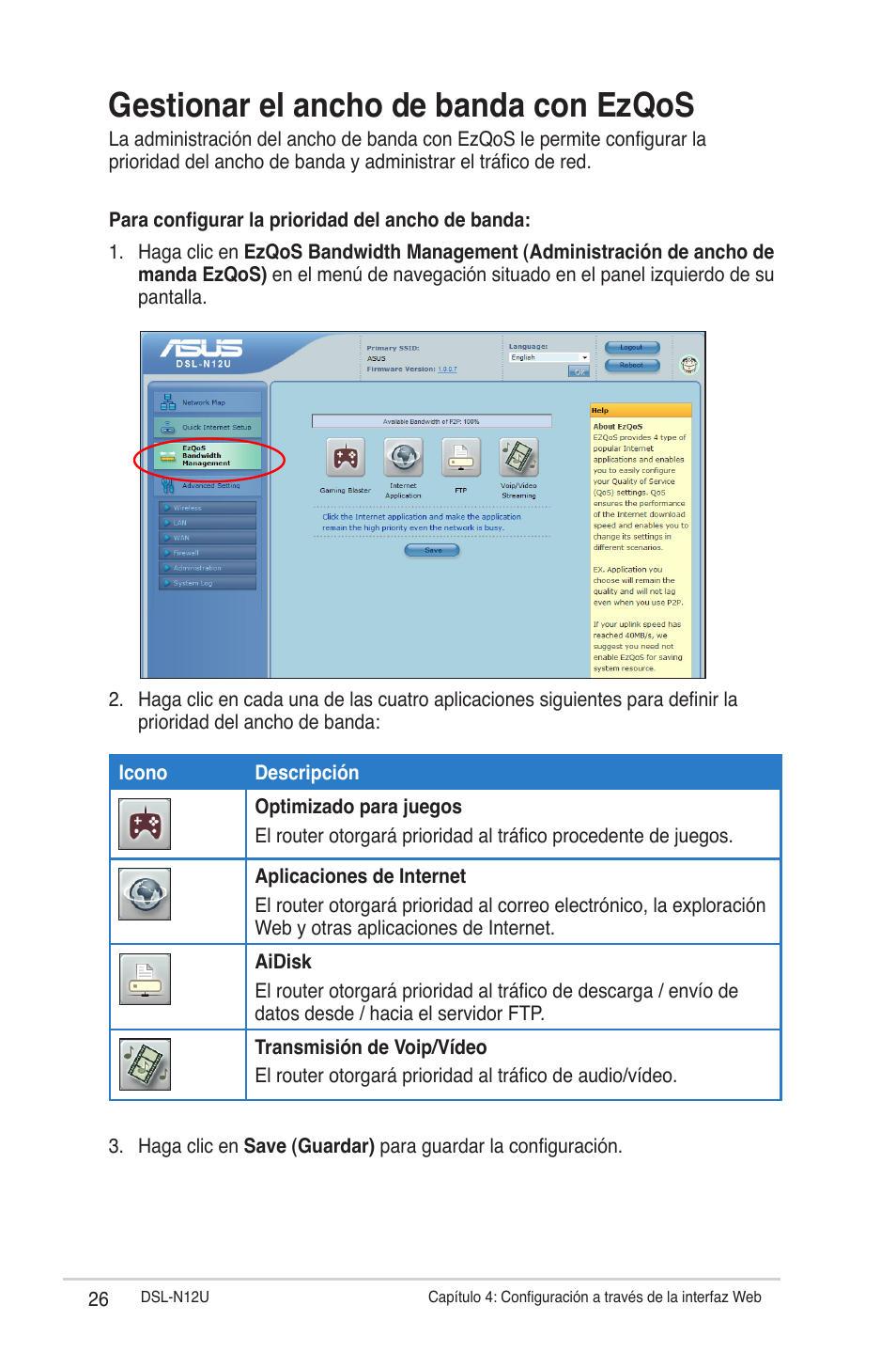 Gestionar el ancho de banda con ezqos | Asus DSL-N12U User Manual | Page 26 / 61