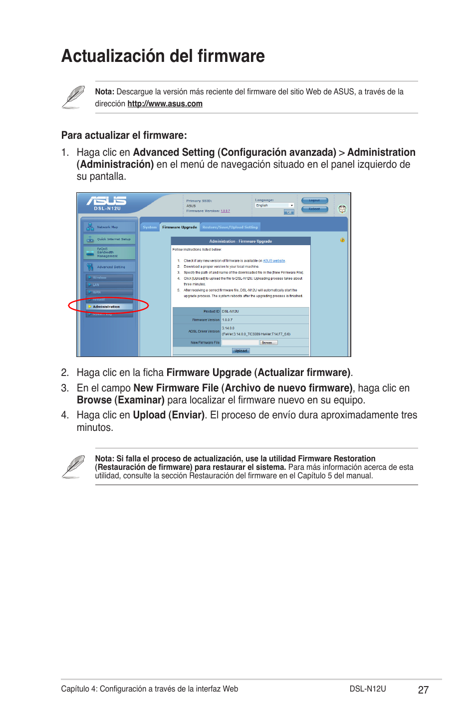 Actualización del firmware | Asus DSL-N12U User Manual | Page 27 / 61