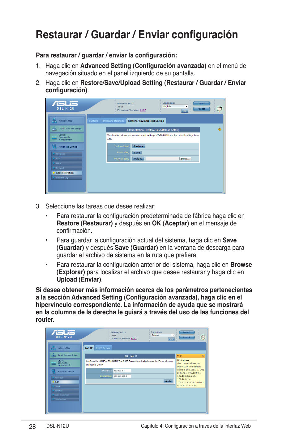 Restaurar / guardar / enviar configuración | Asus DSL-N12U User Manual | Page 28 / 61