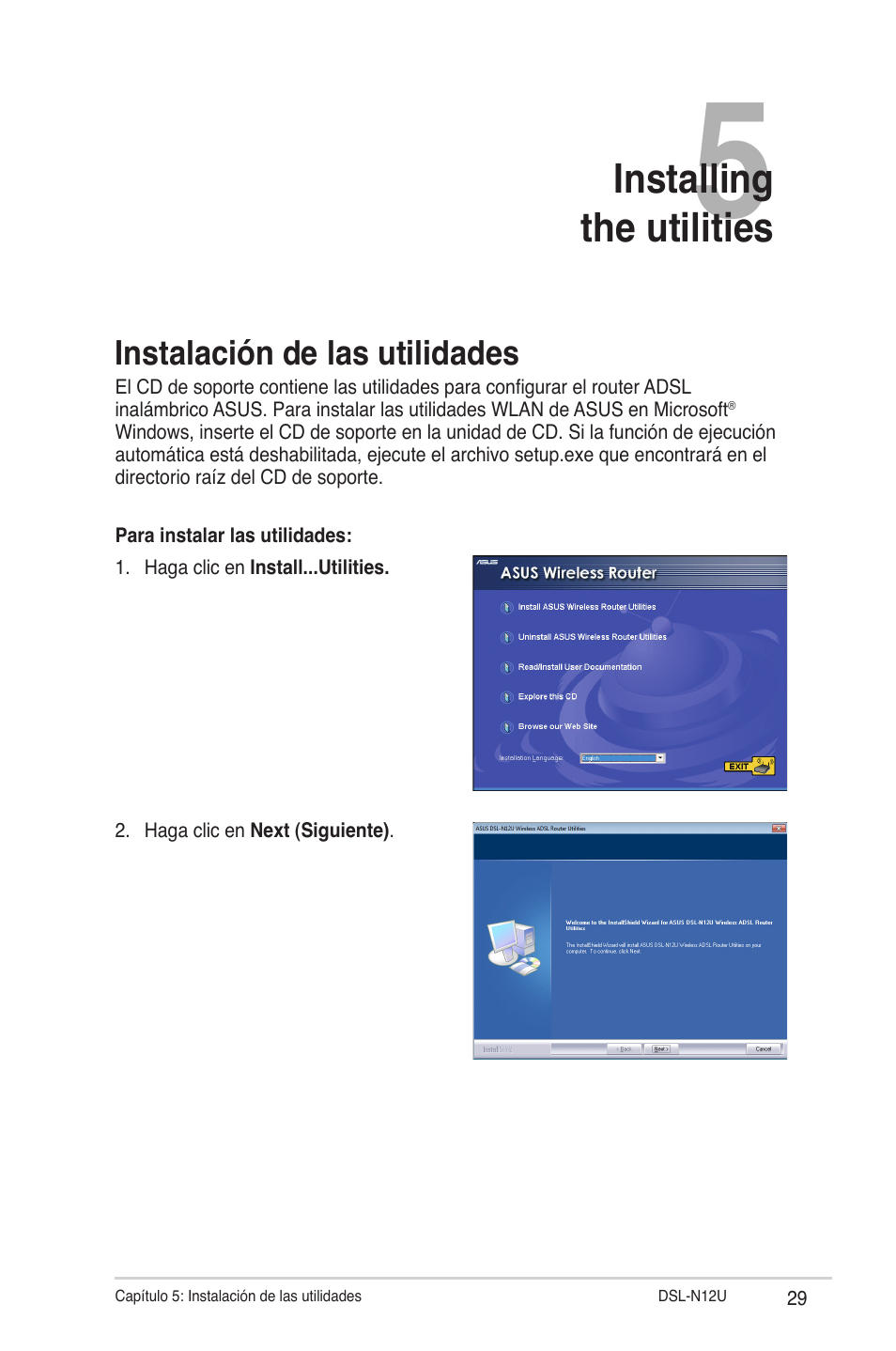 Installing the utilities, Instalación de las utilidades | Asus DSL-N12U User Manual | Page 29 / 61