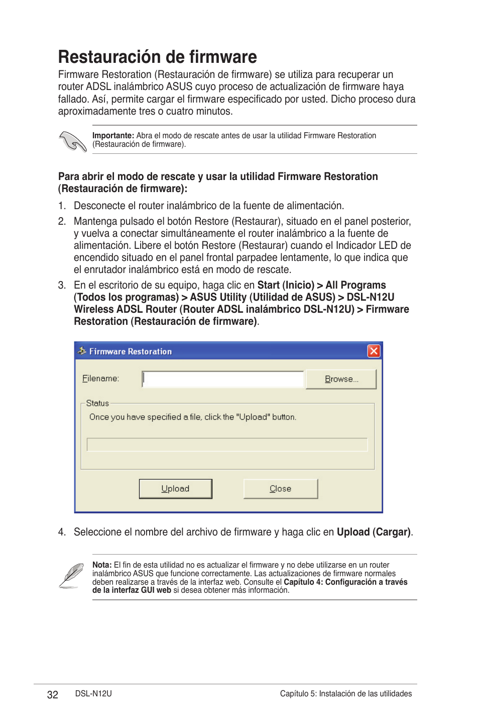 Restauración de firmware | Asus DSL-N12U User Manual | Page 32 / 61