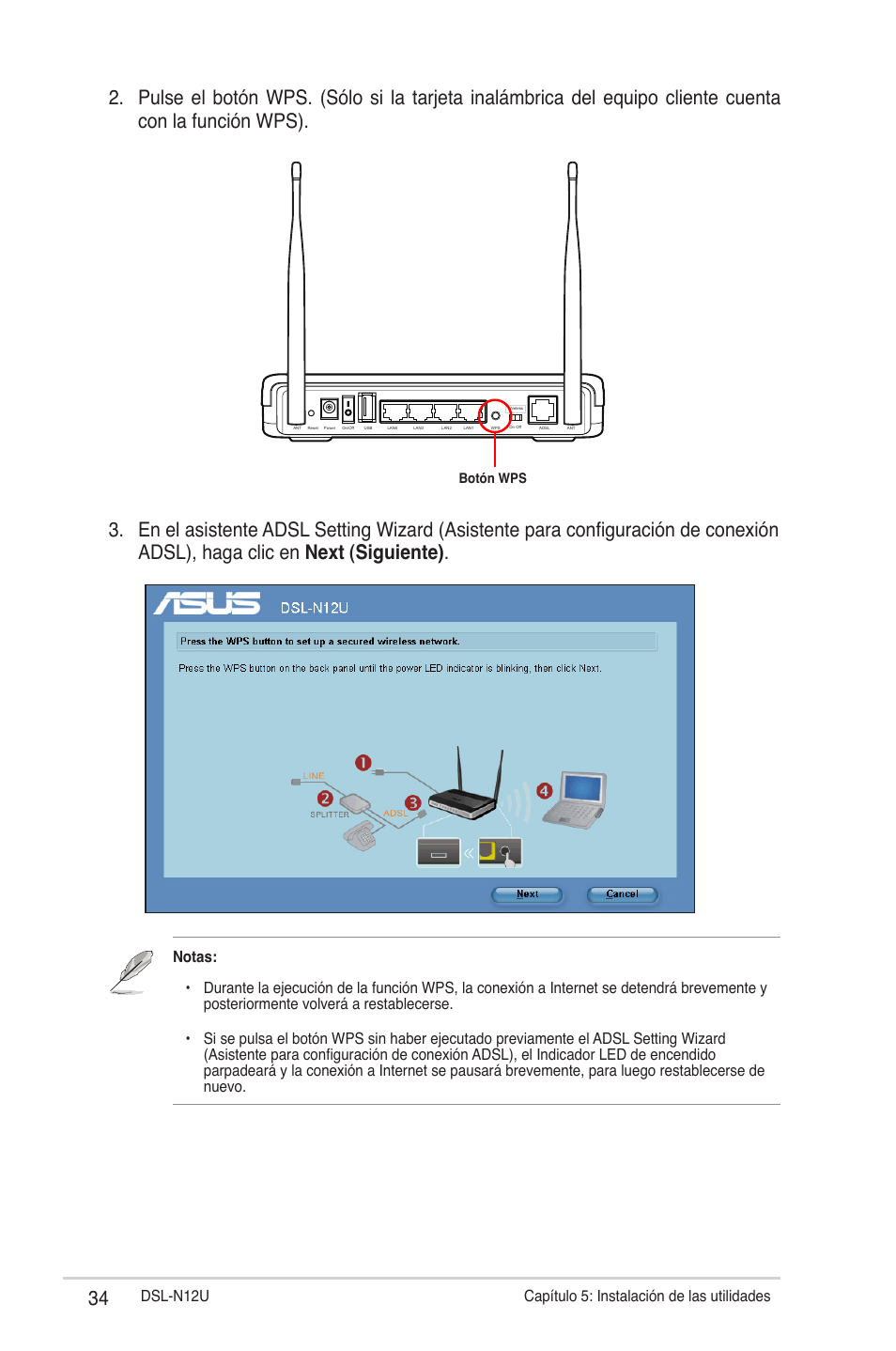 Dsl-n1u capítulo 5: instalación de las utilidades | Asus DSL-N12U User Manual | Page 34 / 61