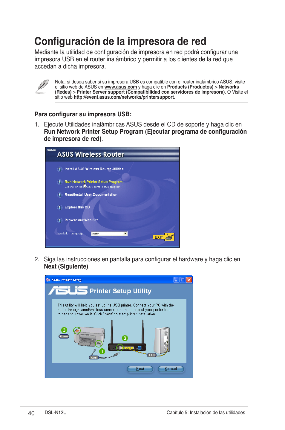 Configuración de la impresora de red | Asus DSL-N12U User Manual | Page 40 / 61